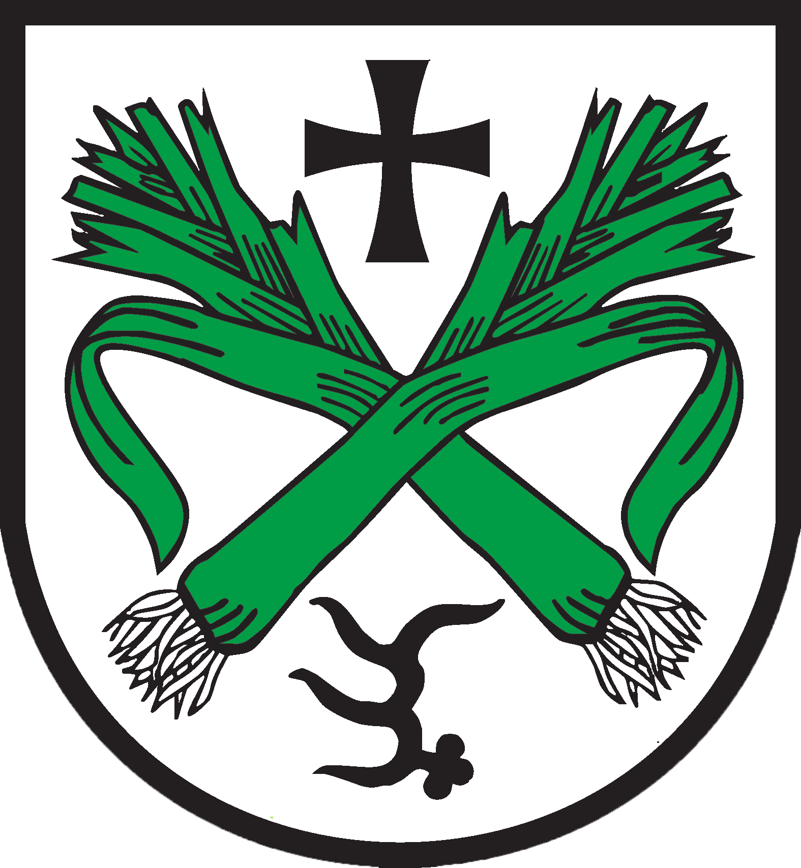 Wappen mit zwei gekreuzten grünen Lauchstangen, schwarzem Kreuz und springendem Hund.