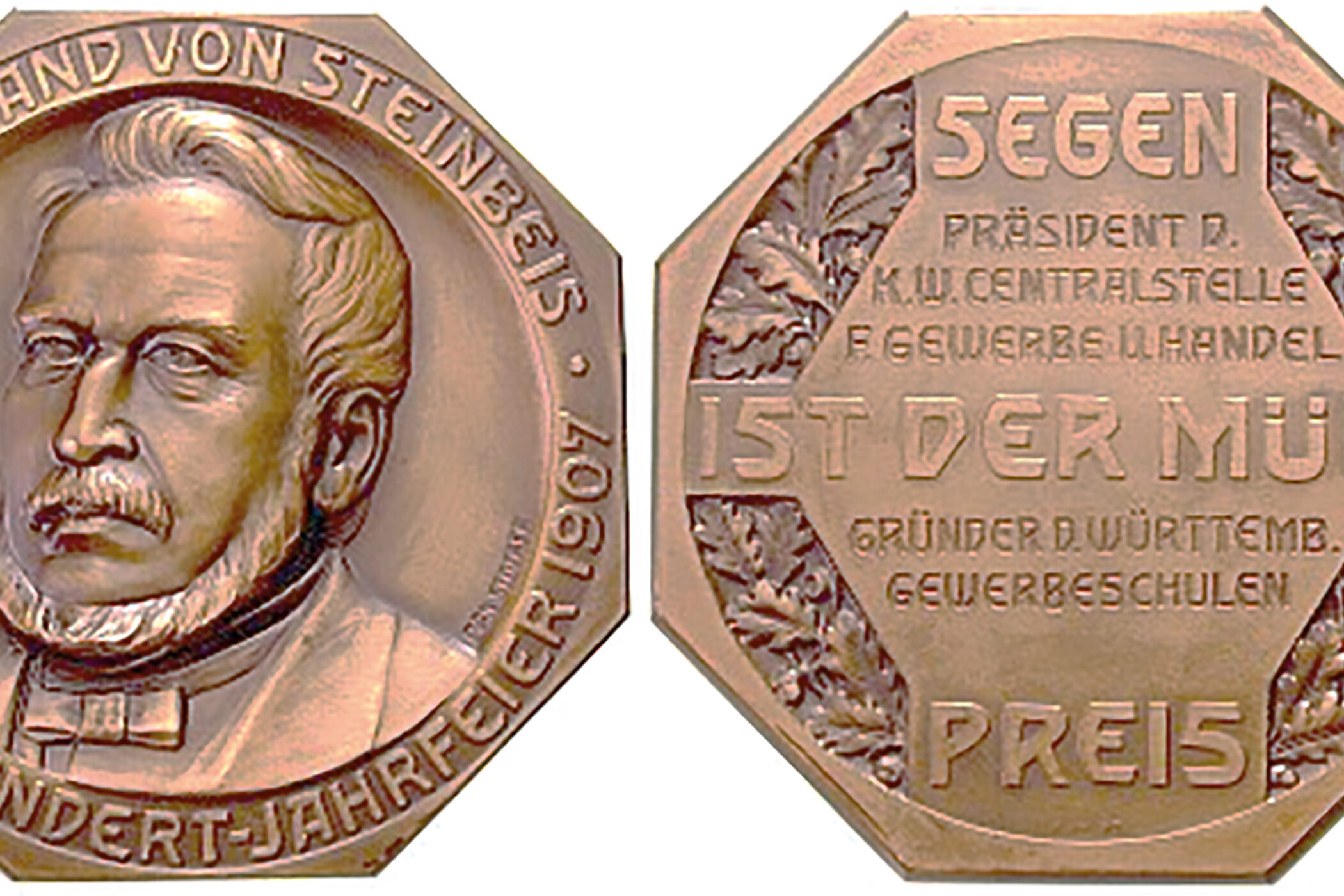 Vorder- und Rückseite einer Münze mit dem Abbild des Wirtschaftspolitikers Steinbeis