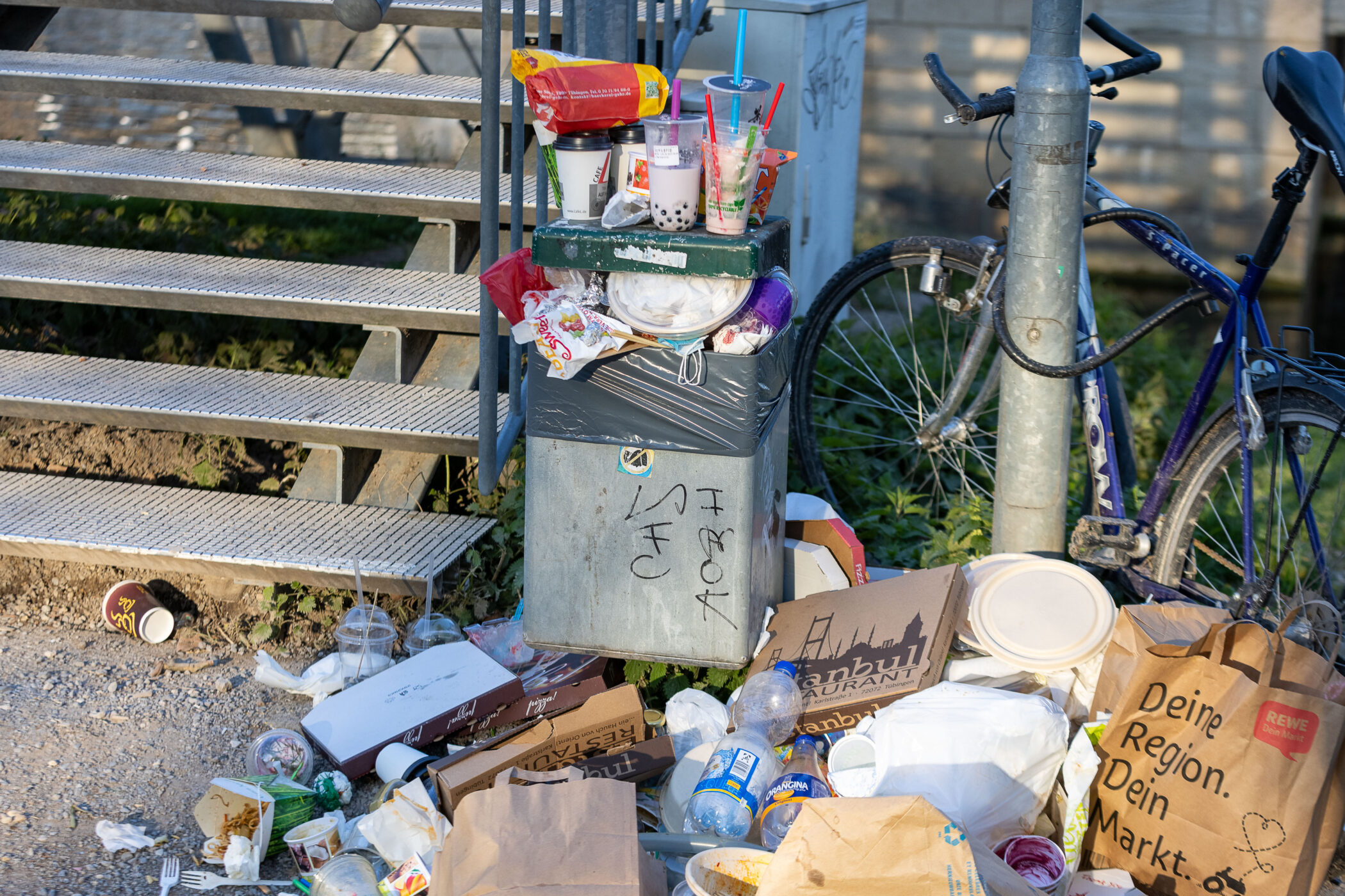 Ein völlig überfüllter Mulleimer auf der Tübinger Platanenallee zur Verbildlichung der Verpackungssteuer-Thematik. Foto: EIBNER/Duddek