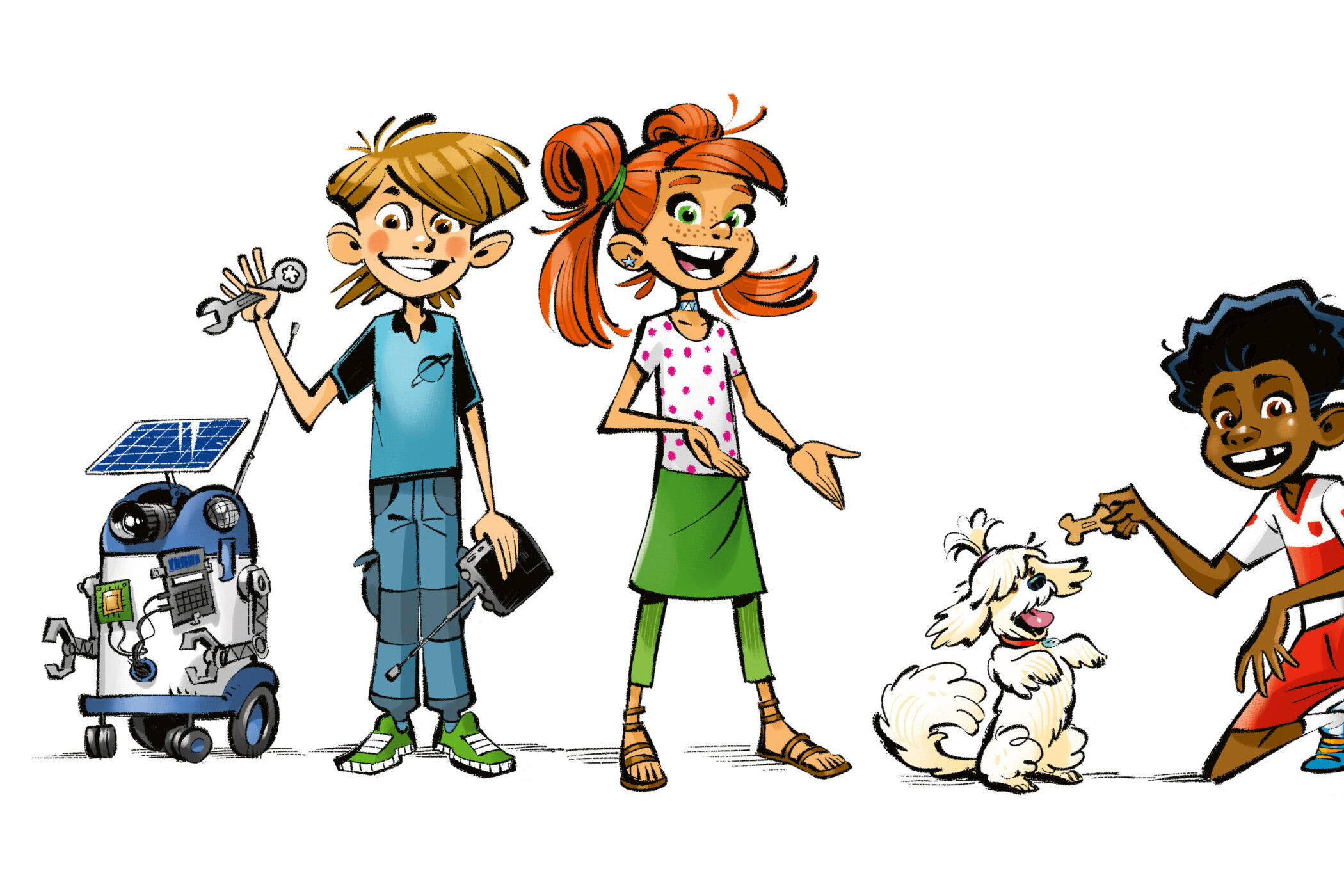 Drei Kinder, ein Roboter und ein Hund. Ein Kind hält einen Knochen.