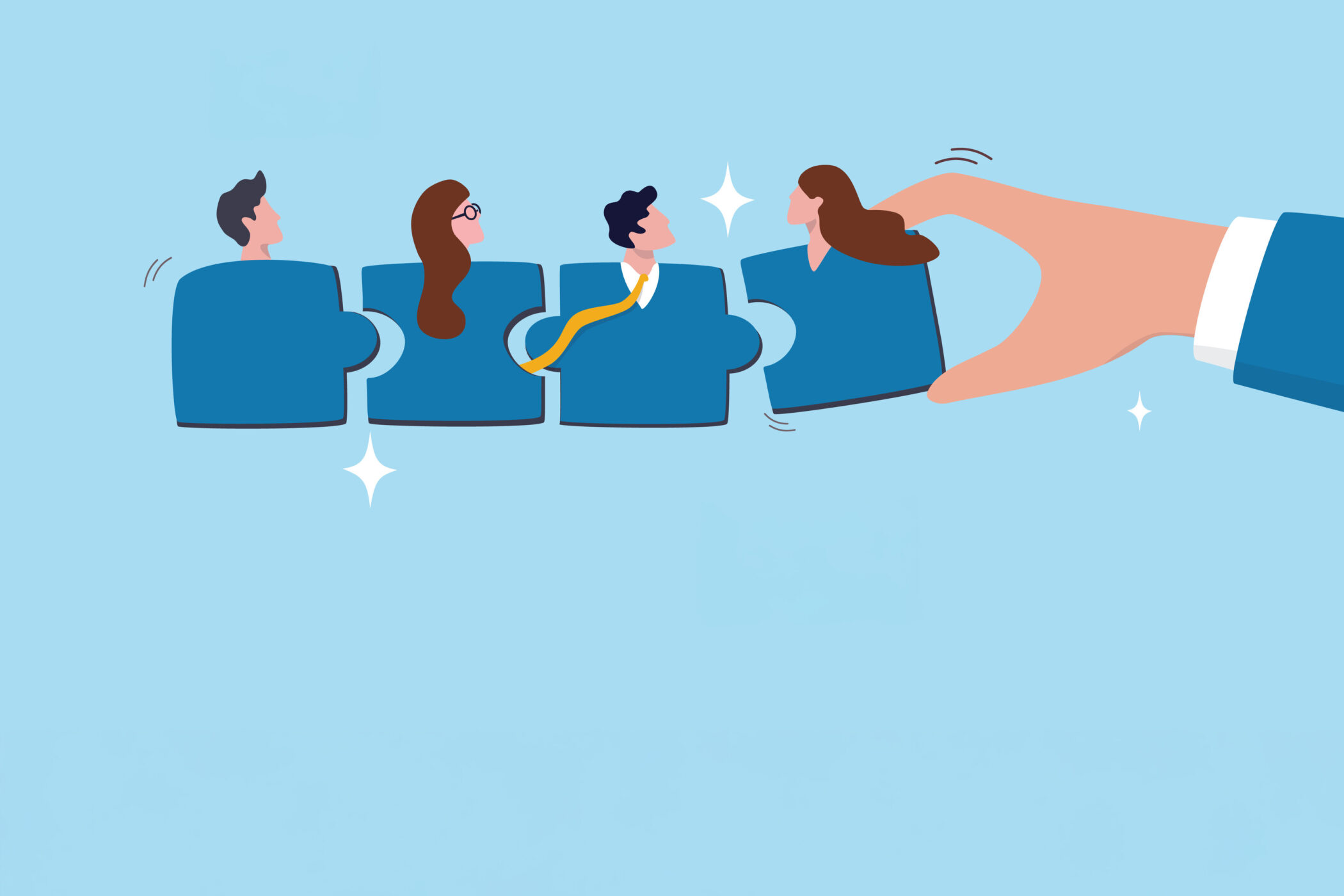 Vier Puzzleteile mit Menschen, Hand fügt ein Teil hinzu.