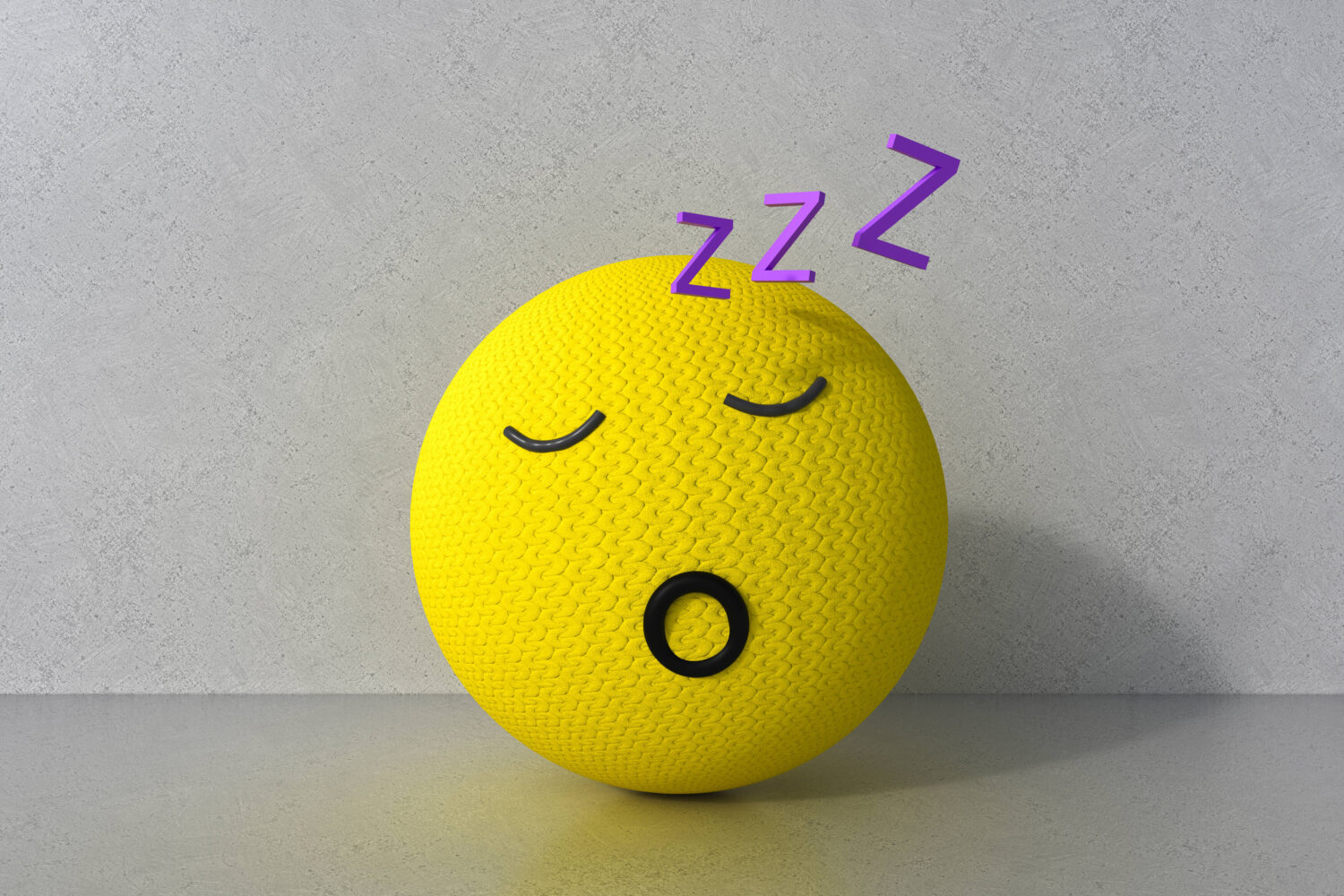 Gelber Ball mit schlafendem Gesicht und lila "Zzz" darüber.