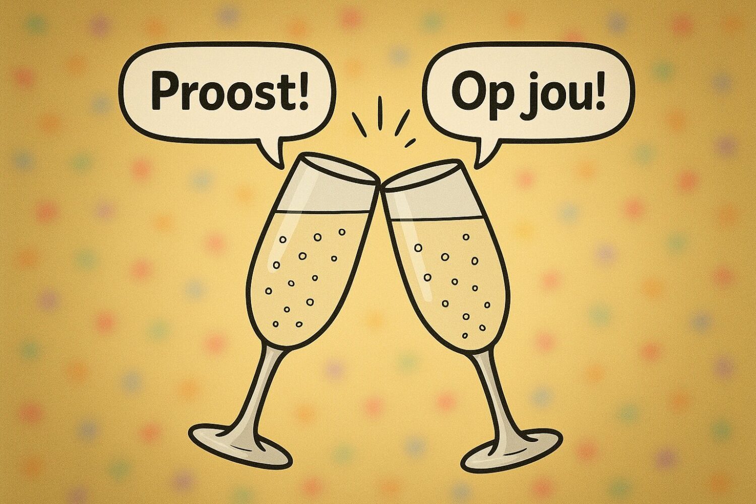 Zwei Sektgläser stoßen an, Sprechblasen: "Proost!" und "Op jou!".