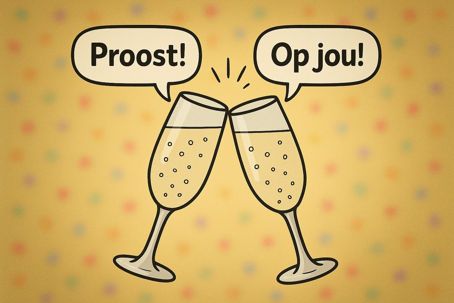 Zwei Sektgläser stoßen an, Sprechblasen: "Proost!" und "Op jou!".