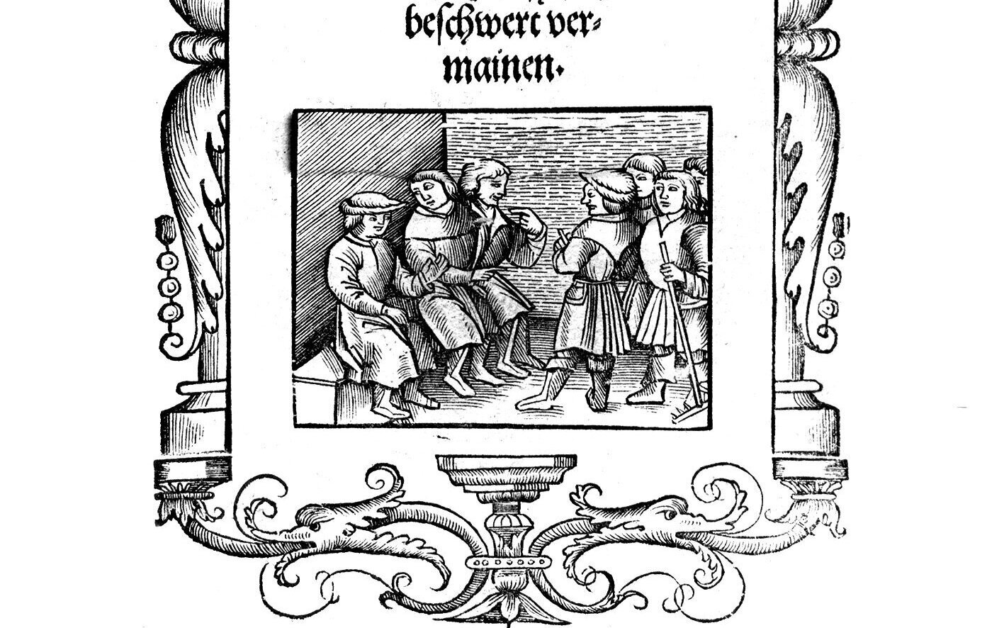 Sechs Personen in mittelalterlicher Kleidung, zwei sitzen, vier stehen. Verzierter Rahmen.