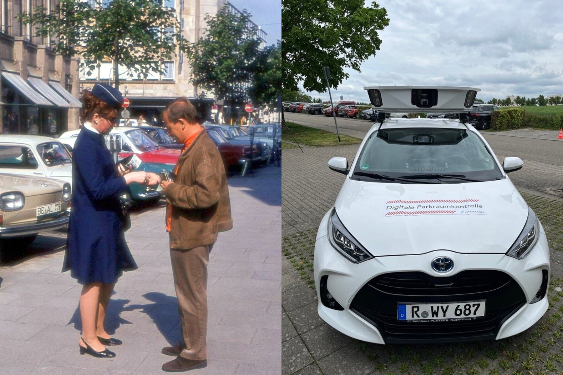 Links: Zwei Personen auf Gehweg, Autos im Hintergrund. Rechts: Weißes Auto mit Aufschrift.