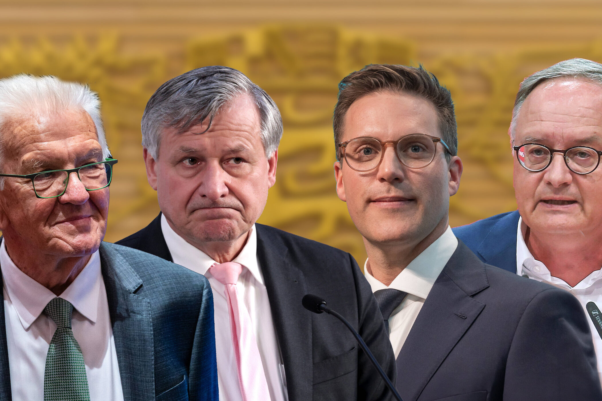 Vier Männer in Anzügen vor einem unscharfen Hintergrund.