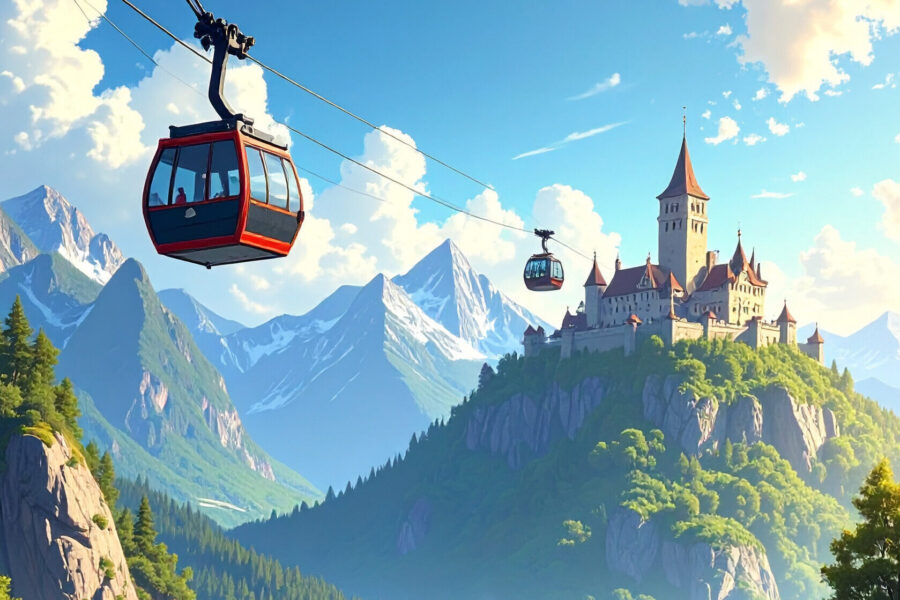 Zwei Seilbahnkabinen vor einer Burg auf einem Berg, umgeben von hohen Bergen.