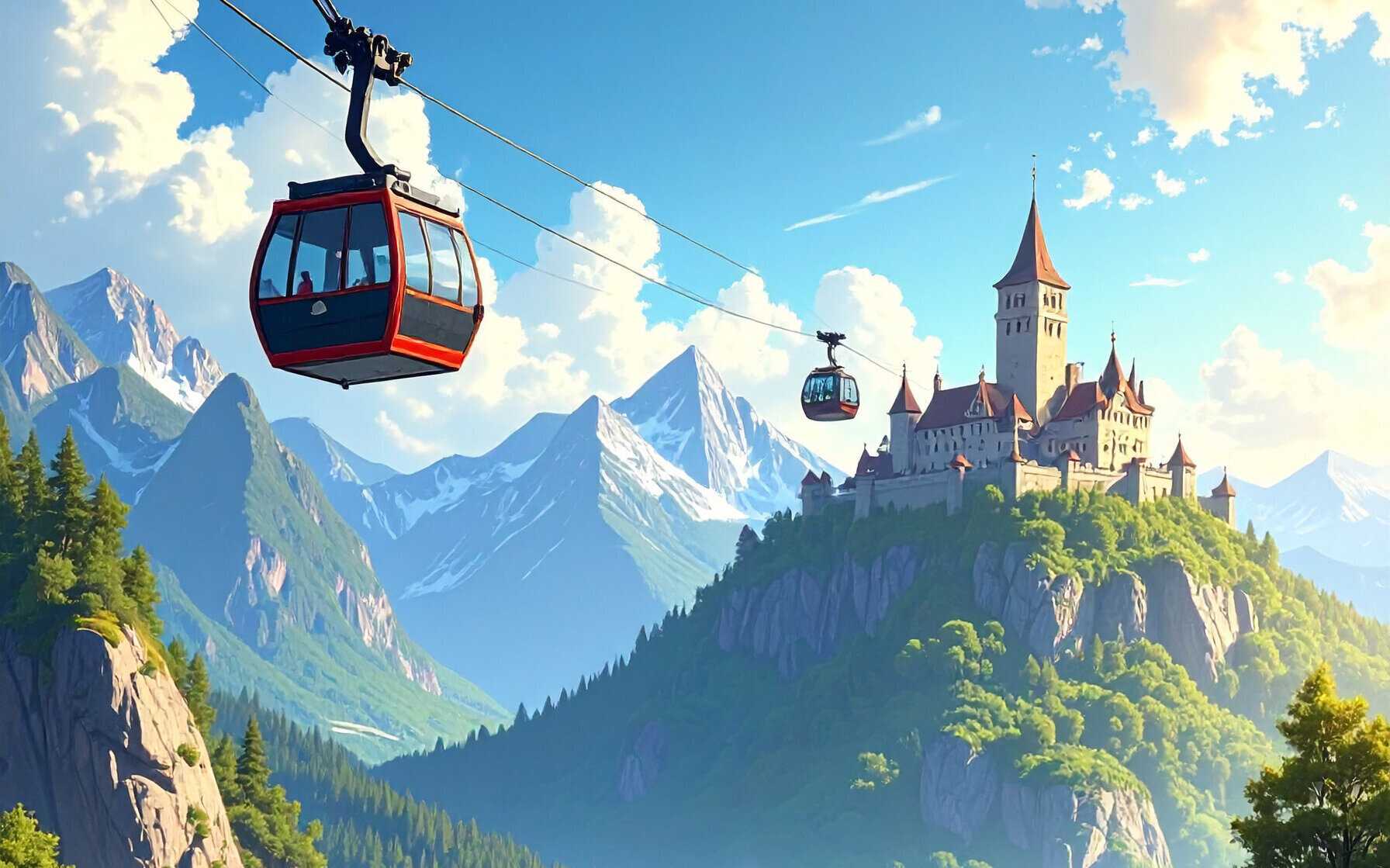 Zwei Seilbahnkabinen vor einer Burg auf einem Berg, umgeben von hohen Bergen.