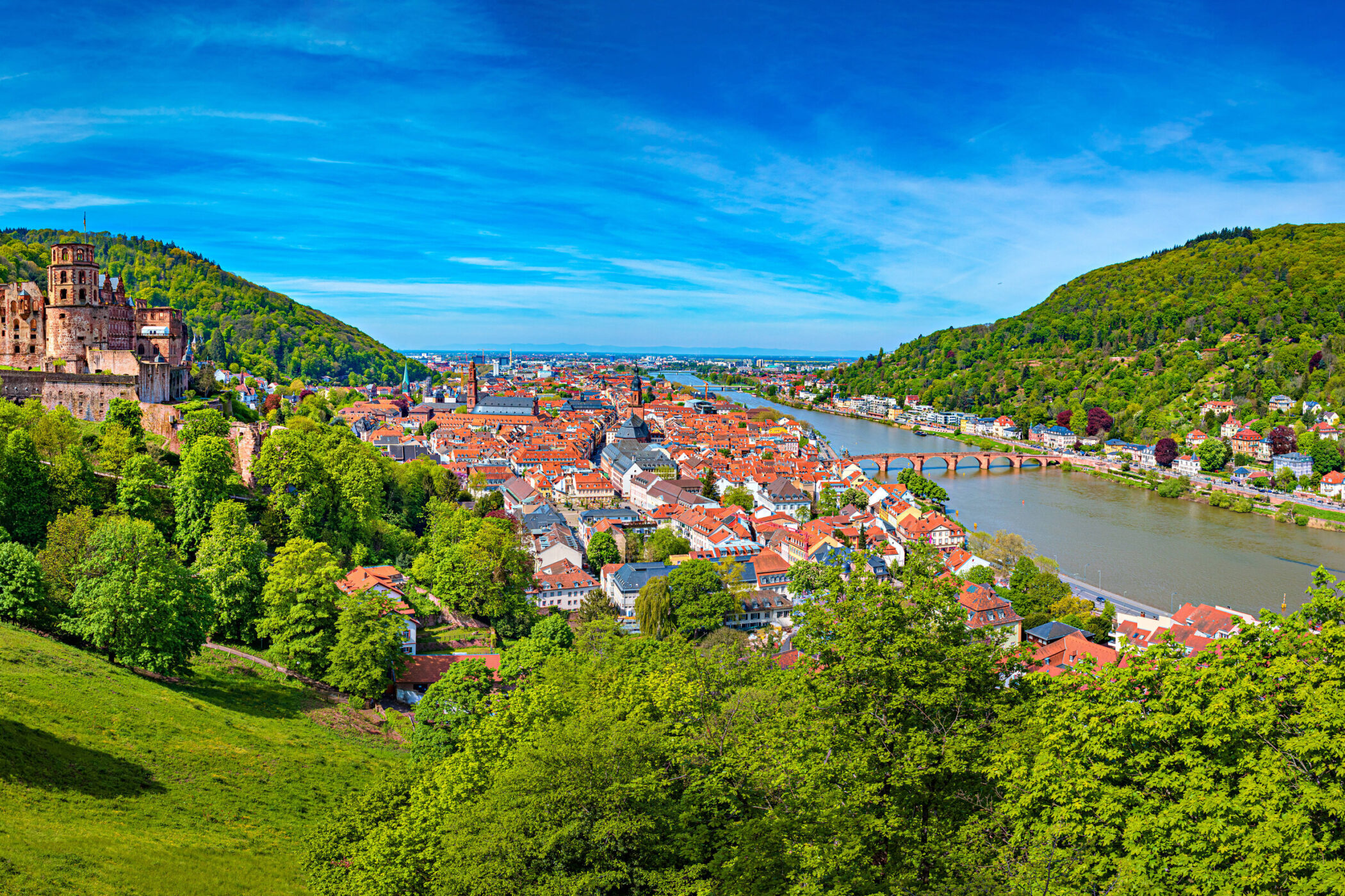 Blick auf eine Stadt mit Fluss, Brücke und Schloss, umgeben von bewaldeten Hügeln.