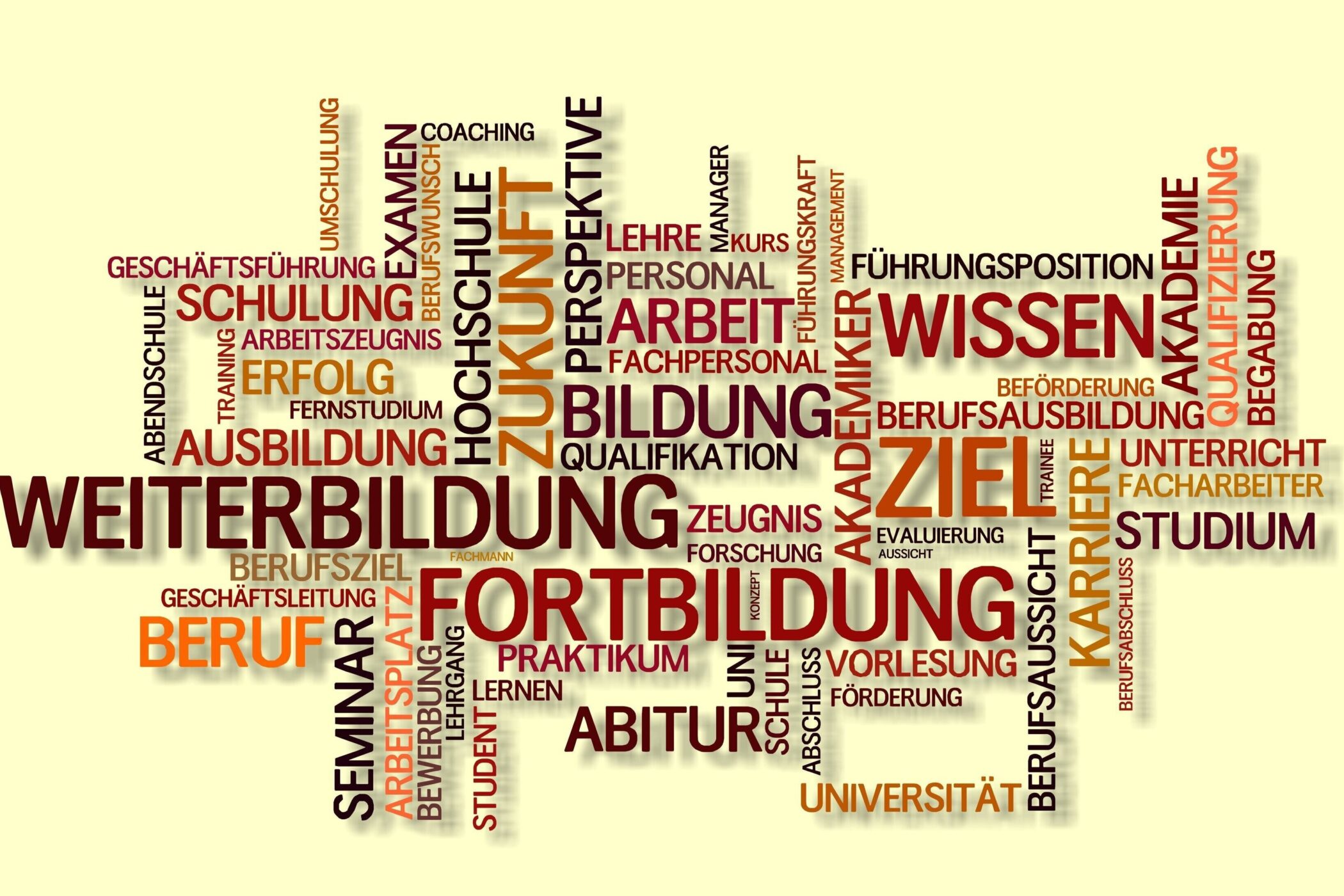 Wortwolke mit Begriffen zu Bildung, Weiterbildung, Zukunft, Ziel und Karriere.