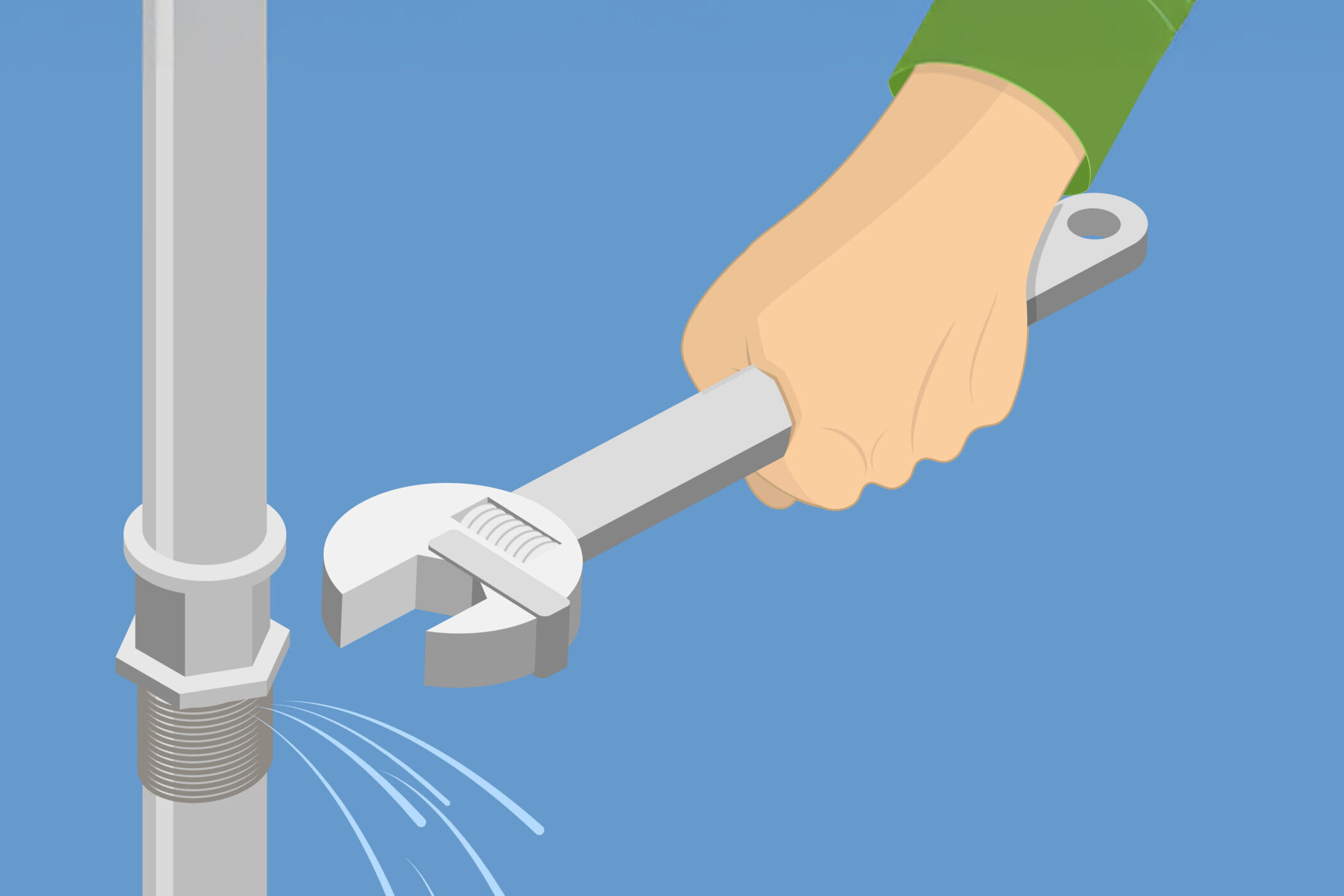 Hand hält Schraubenschlüssel an Rohr, aus dem Wasser spritzt.