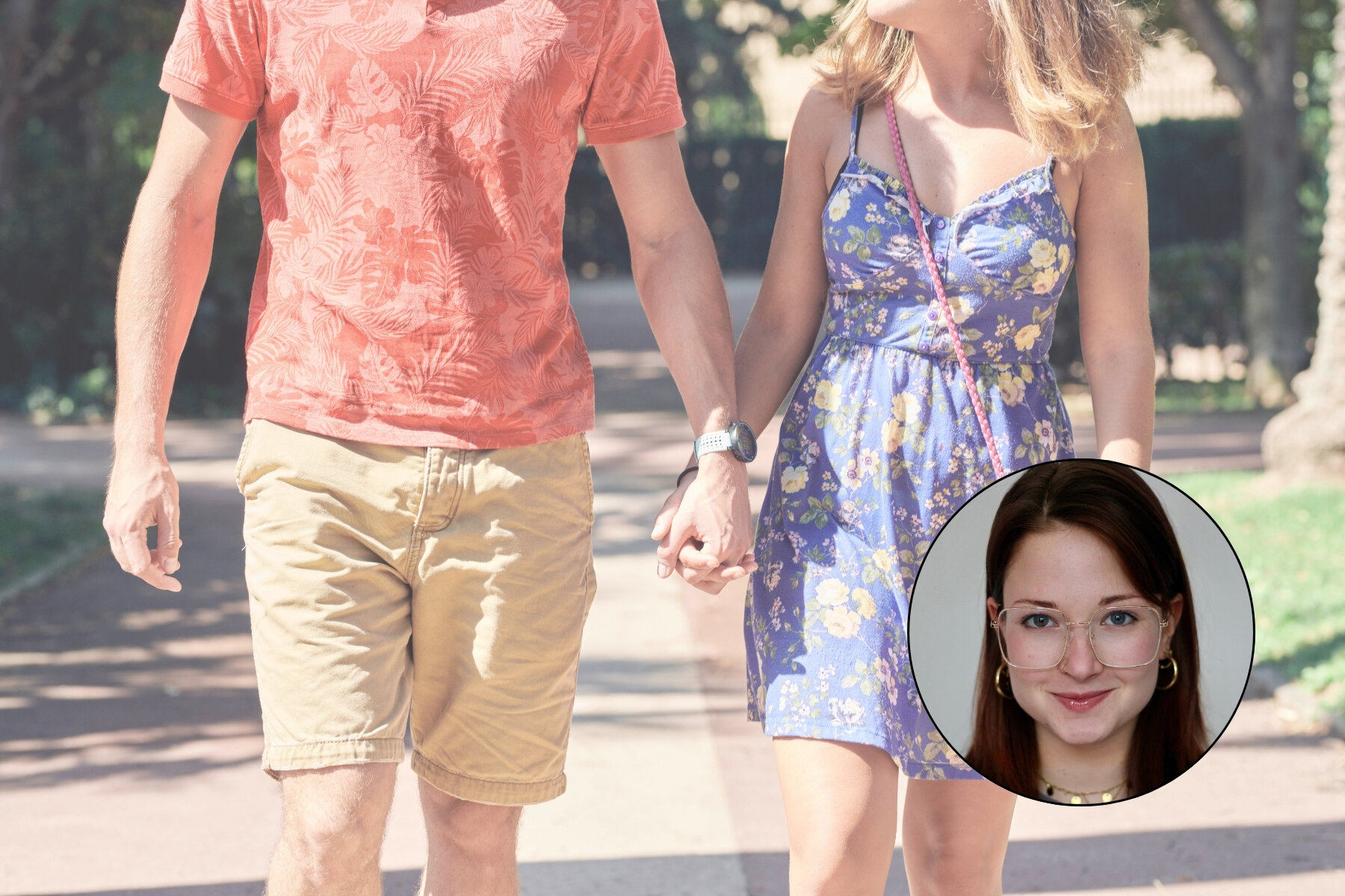 Zwei Personen halten Händchen, darunter ein Porträt einer Frau mit Brille.