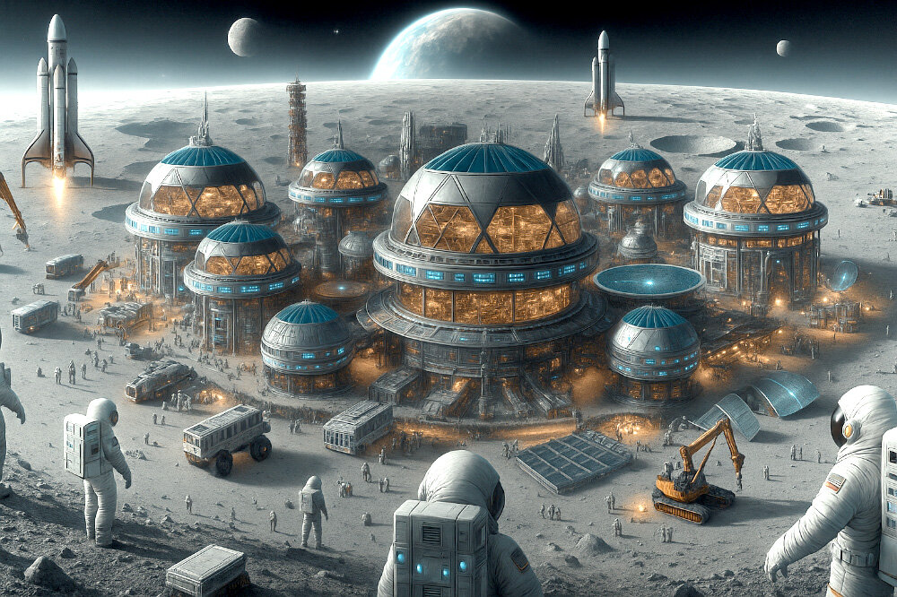 Futuristische Mondbasis mit Kuppelbauten, Astronauten und Raumschiffen im Hintergrund.