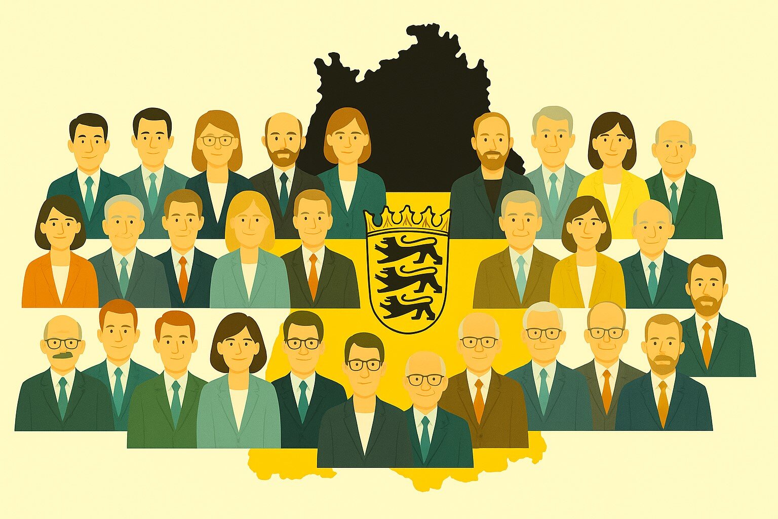 26 gezeichnete Personen vor Karte von Baden-Württemberg mit Wappen.