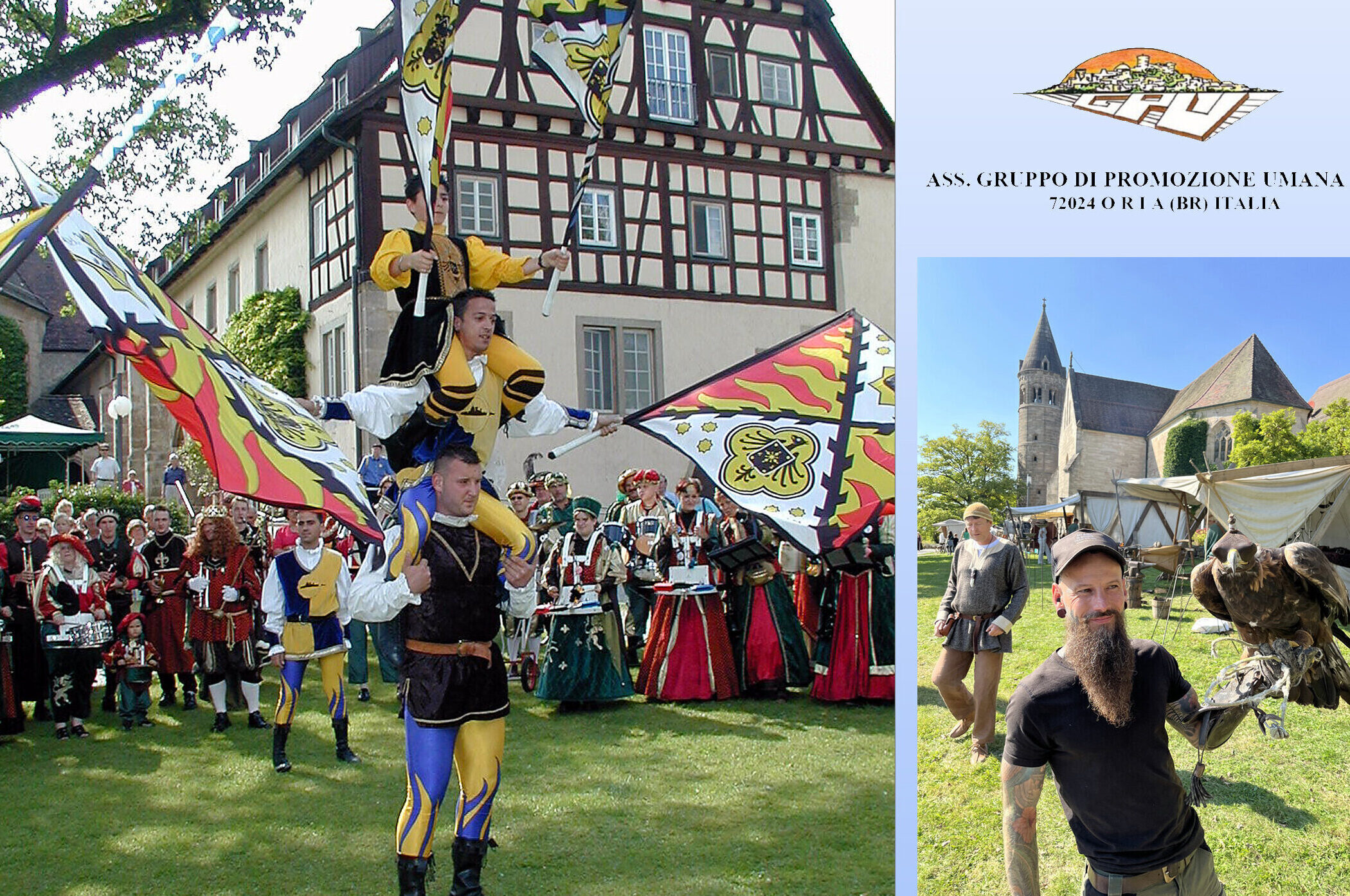 Mittelalterliches Fest mit Akrobaten, Fahnen und Falkner vor Fachwerkhäusern und Zelten.