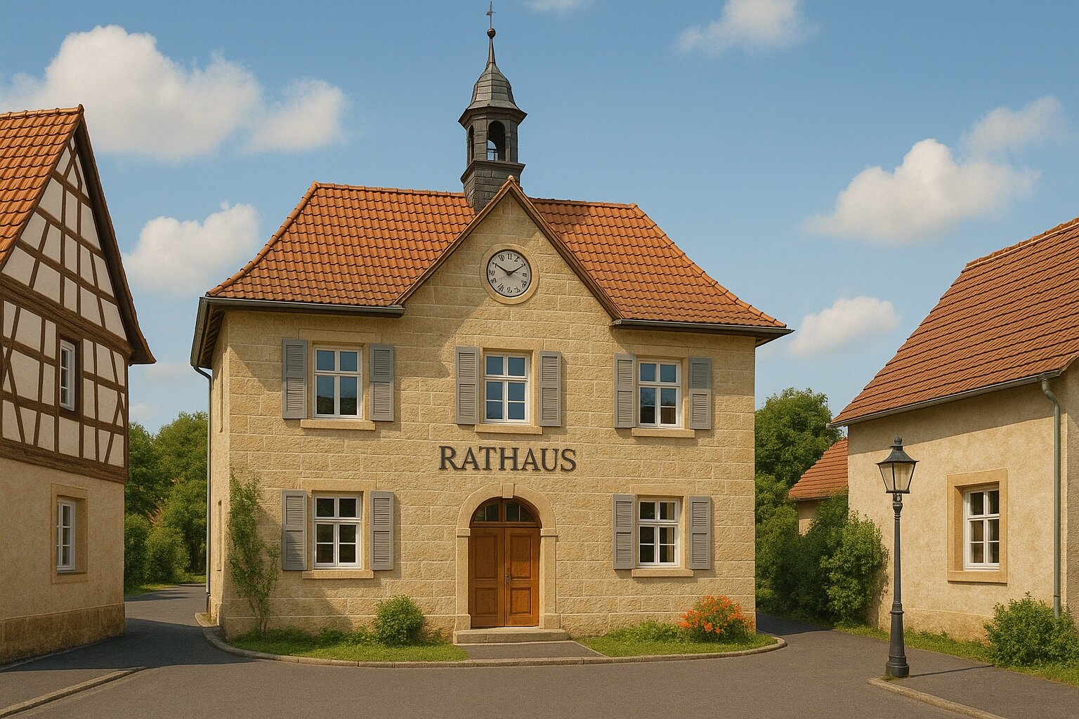 Rathaus mit Uhr und rotem Ziegeldach, umgeben von Fachwerkhäusern.