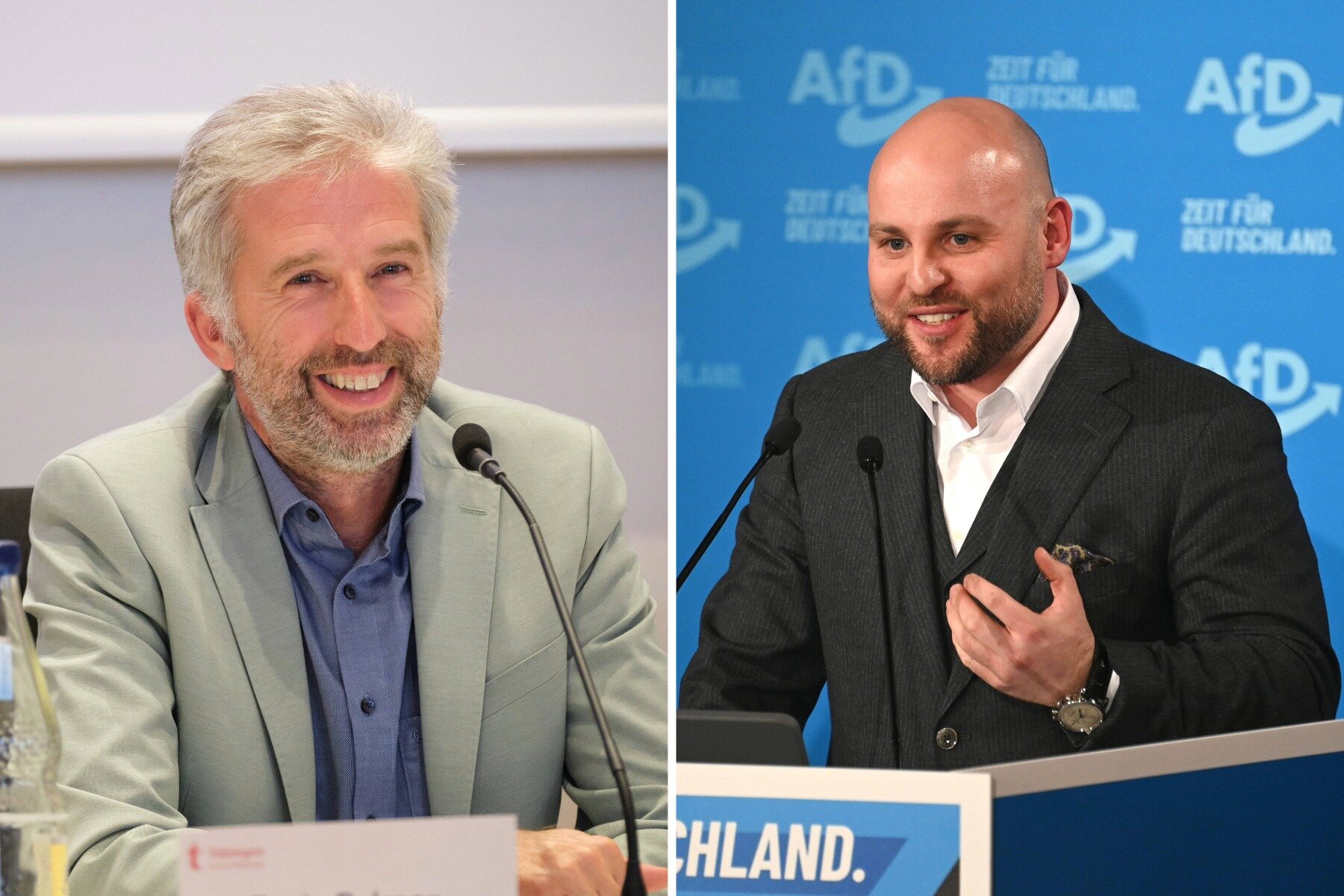 Zwei Männer an Rednerpulten, links in grauem Sakko, rechts vor blauem Hintergrund.