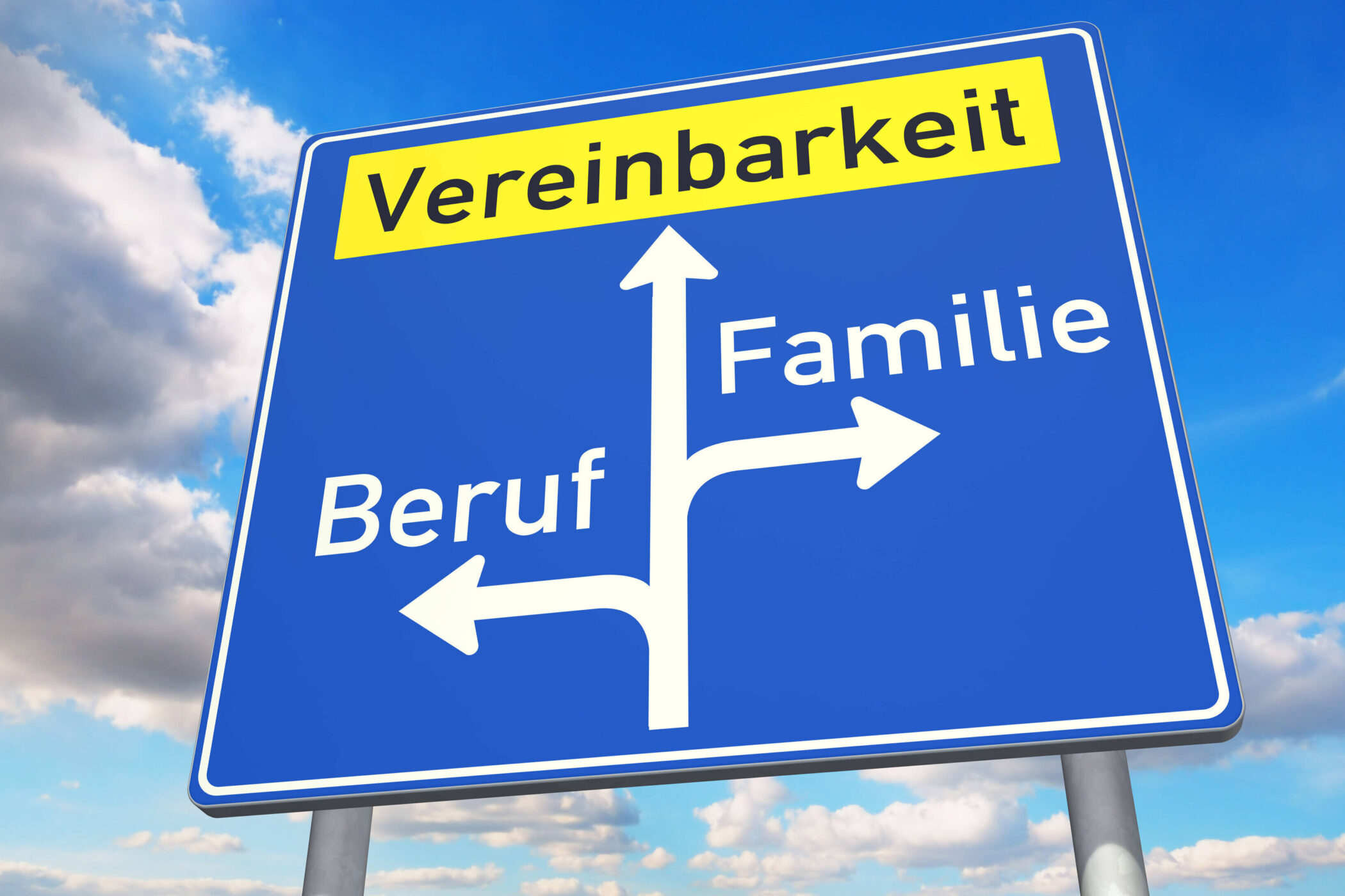 Blaues Schild mit Pfeilen: Beruf links, Familie rechts, Vereinbarkeit oben.