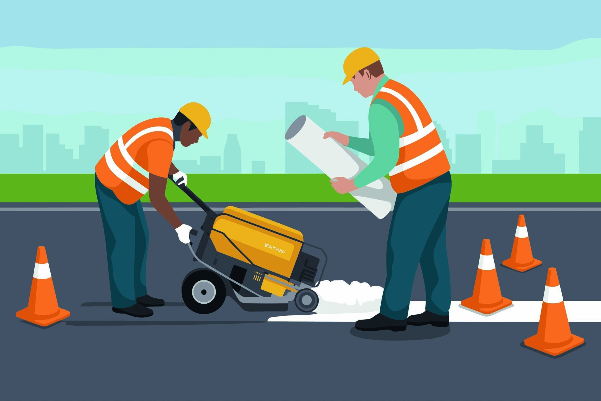 Zwei Arbeiter mit Warnwesten und Helmen markieren eine Straße mit Farbe.