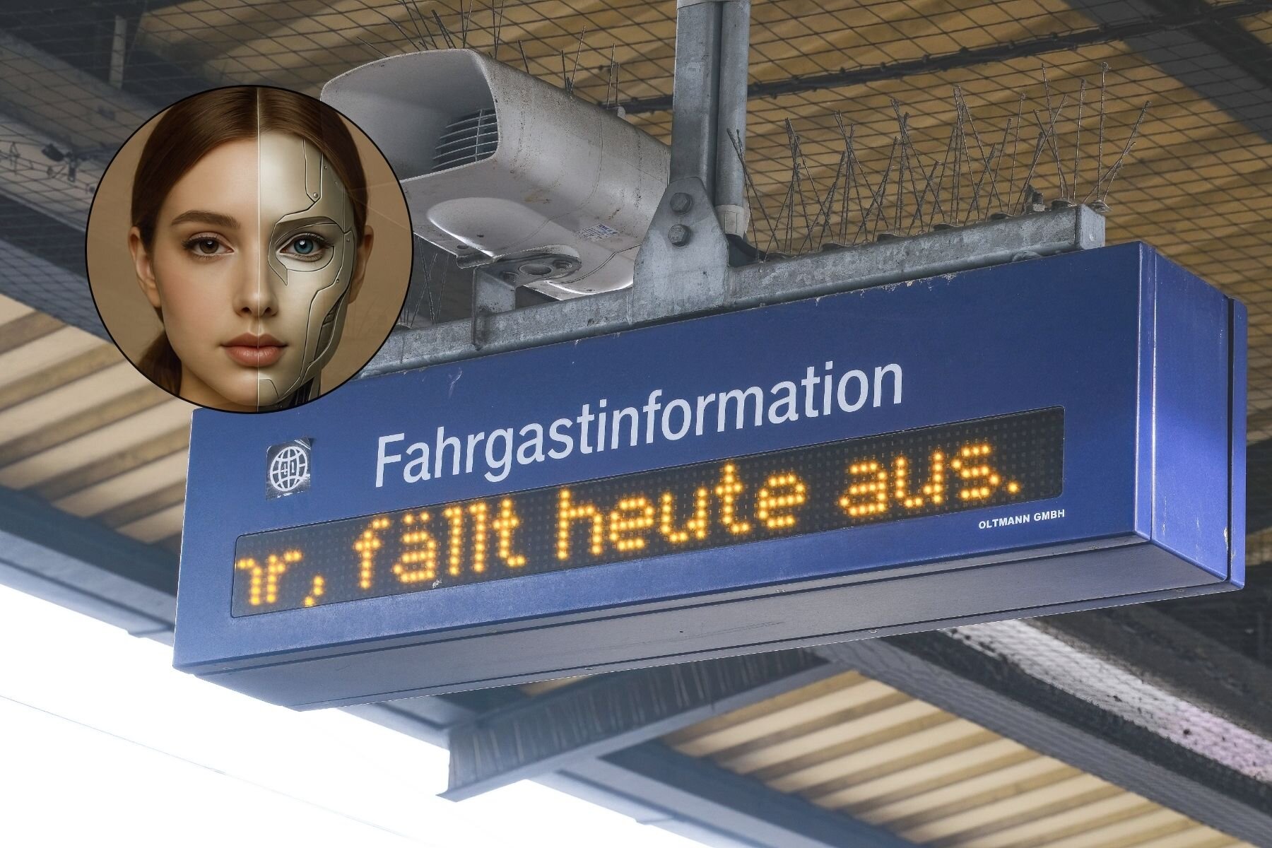 Anzeigetafel mit Text: "Fahrgastinformation. Tr. fällt heute aus." Gesichtshälfte Mensch/Roboter.