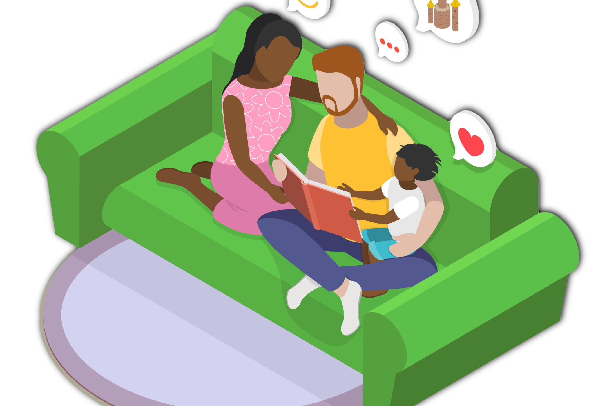 Drei Personen auf grüner Couch, lesen ein Buch, Sprechblasen mit Symbolen.