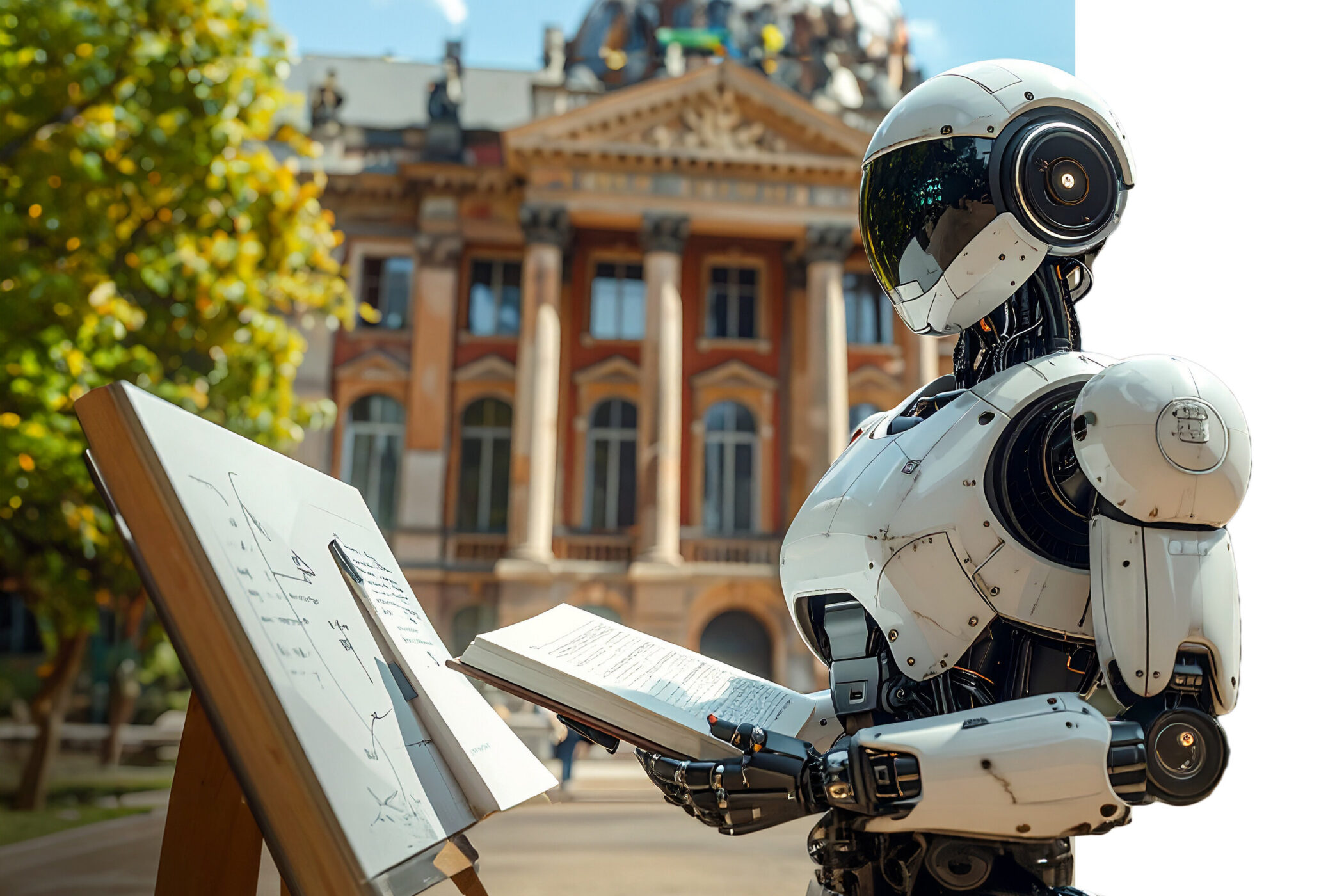 Roboter liest ein Buch vor einem historischen Gebäude.