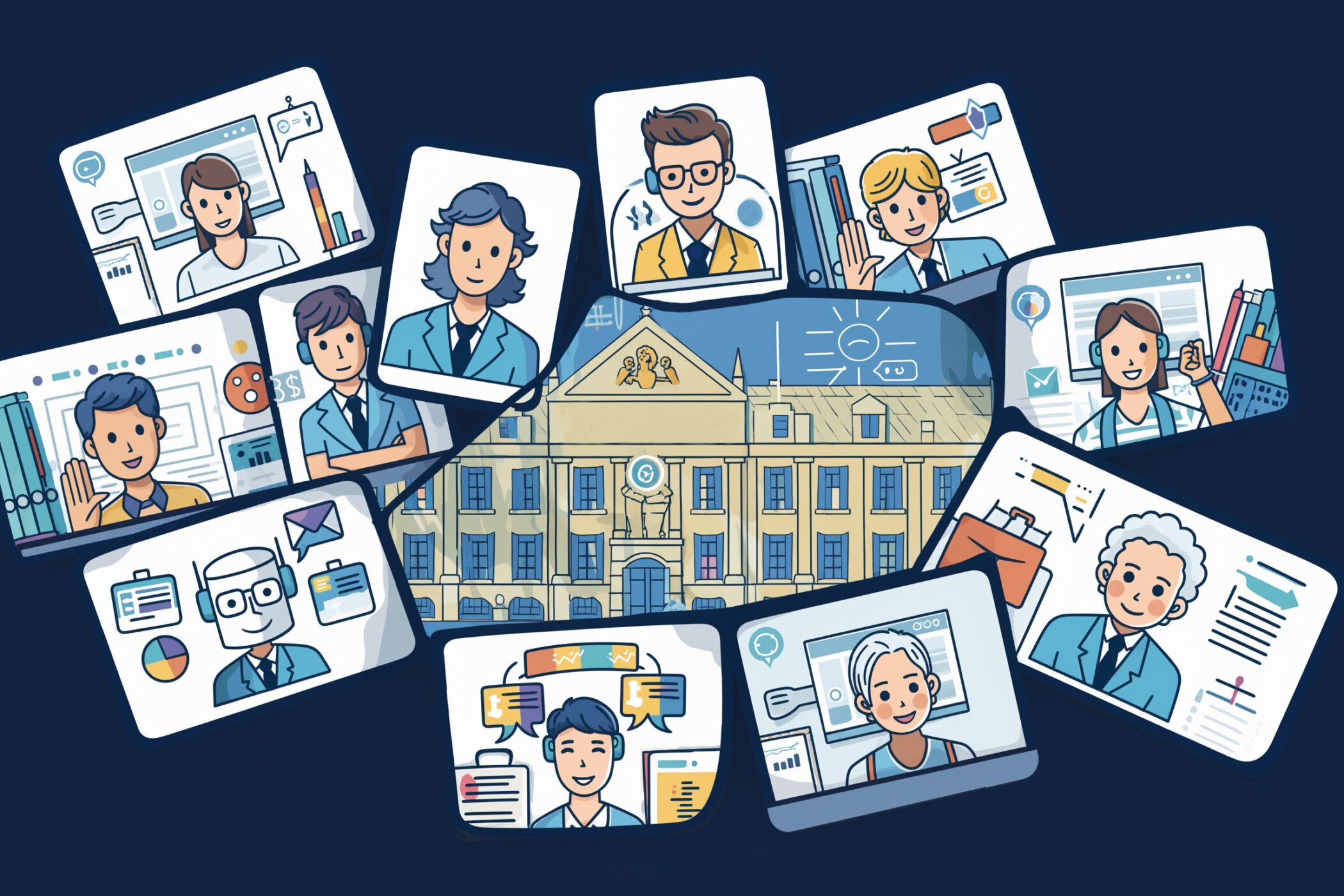 Mehrere gezeichnete Personen in Videokonferenzen um ein Gebäude.