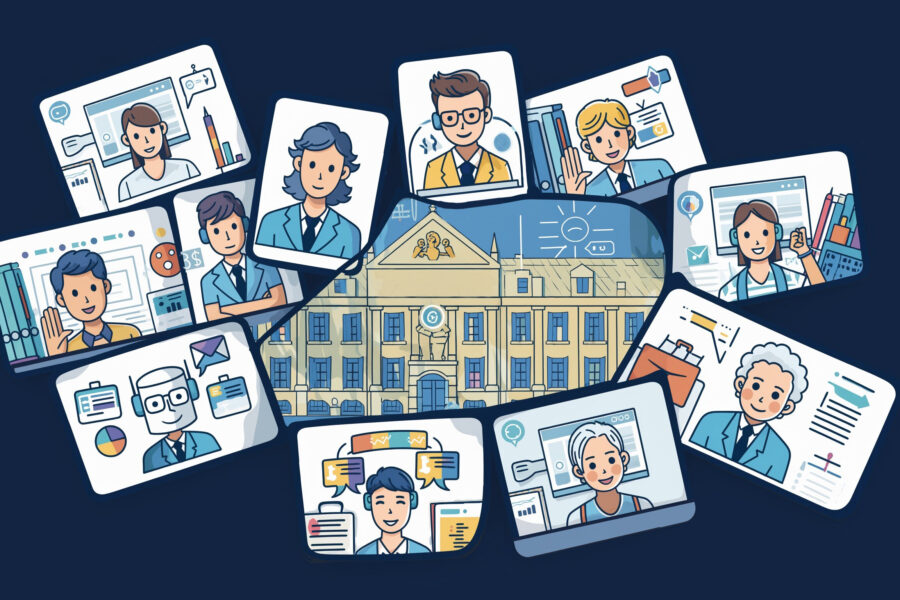 Mehrere gezeichnete Personen in Videokonferenzen um ein Gebäude.