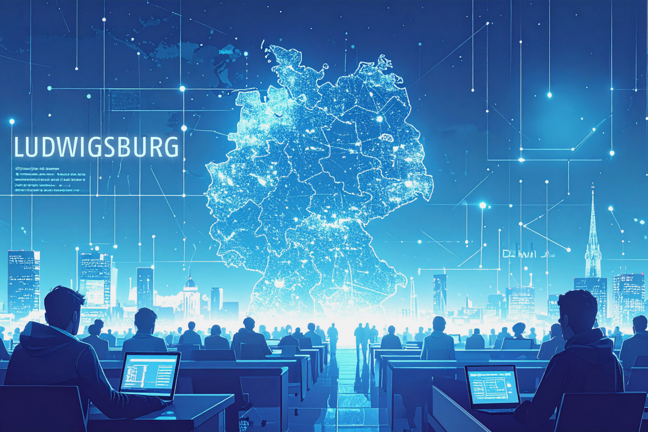 Menschen an Computern, große digitale Deutschlandkarte im Hintergrund. Text: "LUDWIGSBURG".