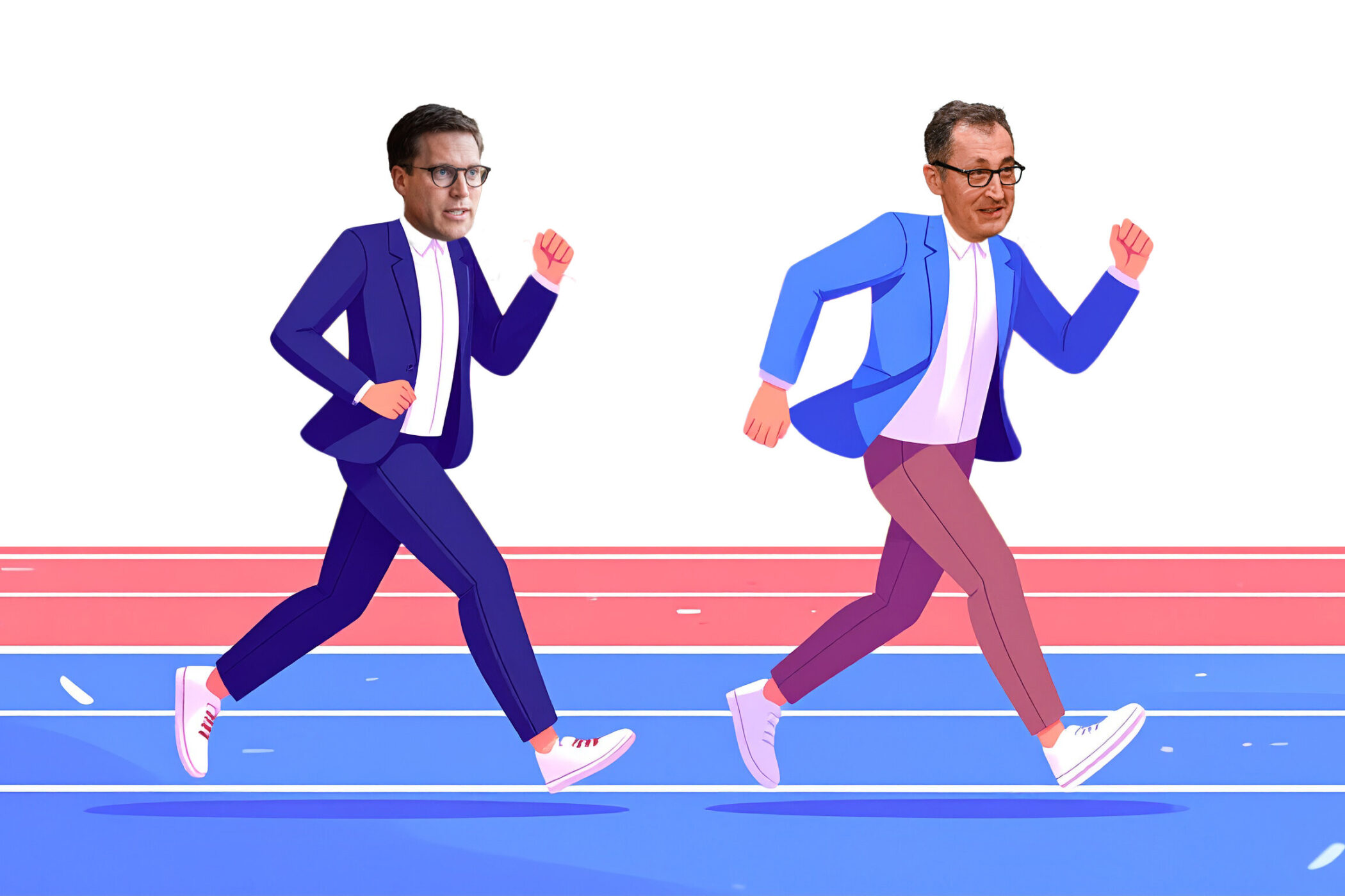 Zwei Männer in Anzügen laufen auf einer Laufbahn.