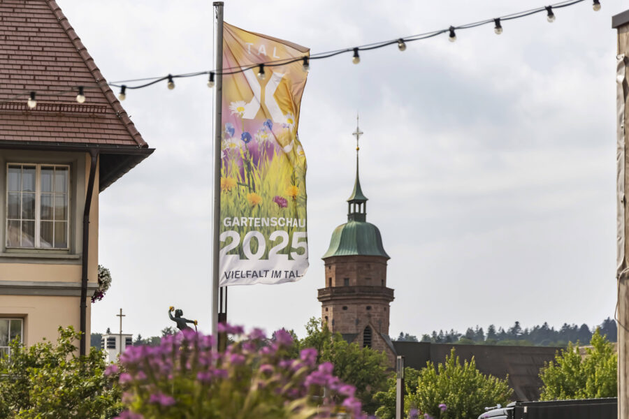 Fahne mit Aufschrift "Gartenschau 2025", Turm und Gebäude im Hintergrund.