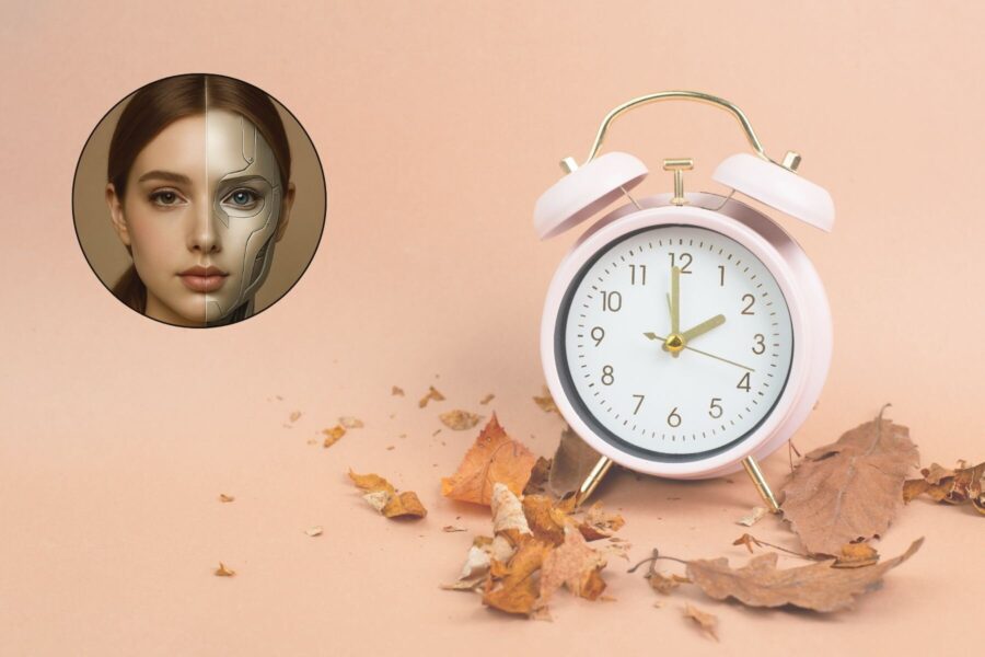 Rosa Wecker auf beigem Hintergrund, daneben Herbstblätter. Kreis mit Gesichtshälfte Mensch/Roboter.