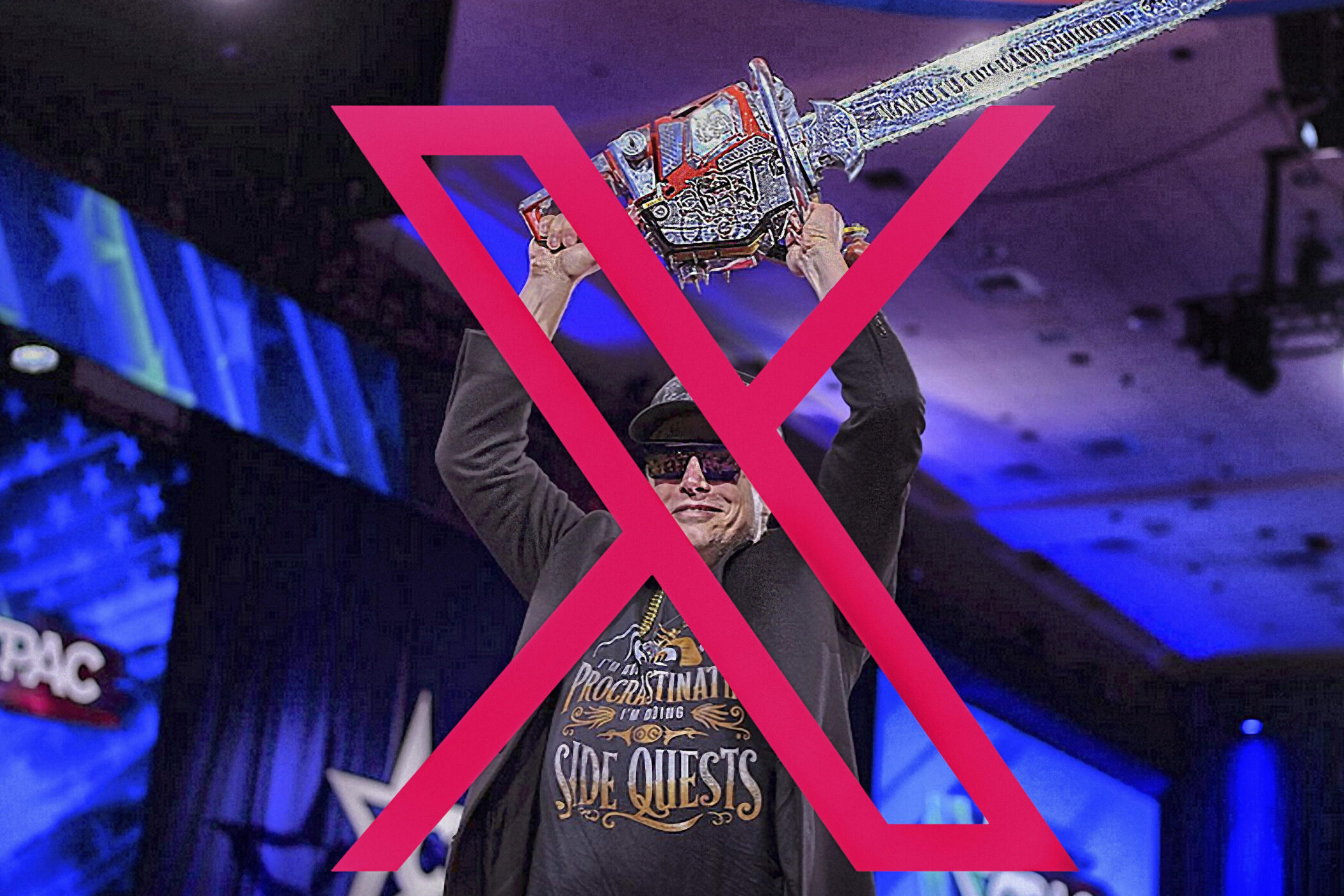 Person hebt eine dekorative Kettensäge, rotes X über dem Bild.