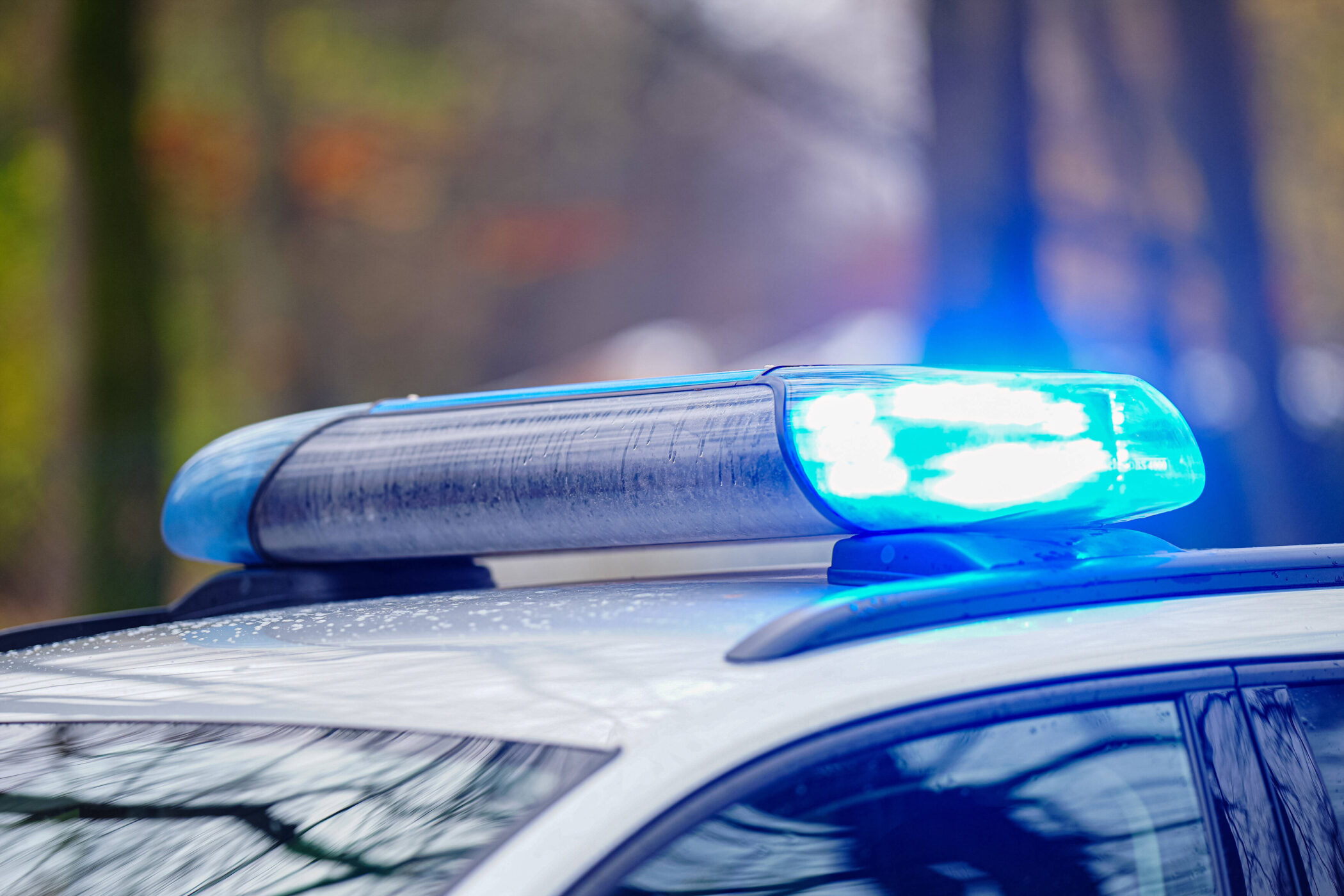 Blaulicht auf einem Polizeiauto, unscharfer Hintergrund mit Bäumen.