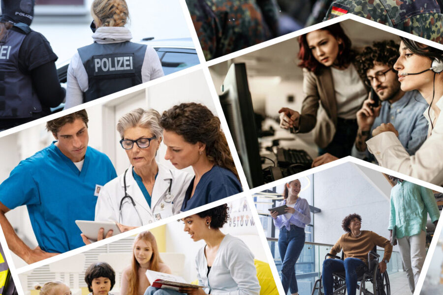 Collage aus verschiedenen Berufsbildern: Polizei, Medizin, Büro, Pflege, Feuerwehr.