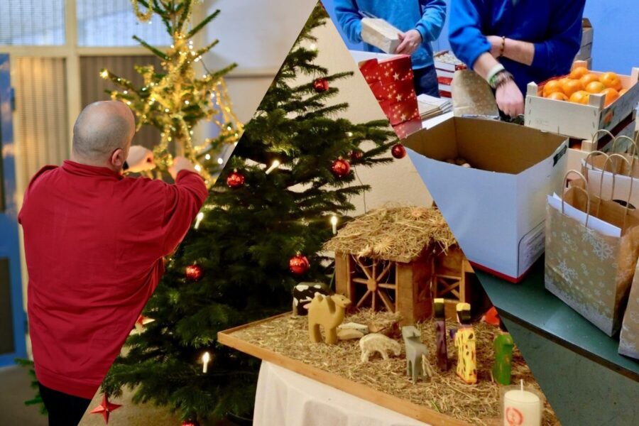 Drei Szenen: Mann schmückt Baum, Krippe, Hände packen Geschenke.