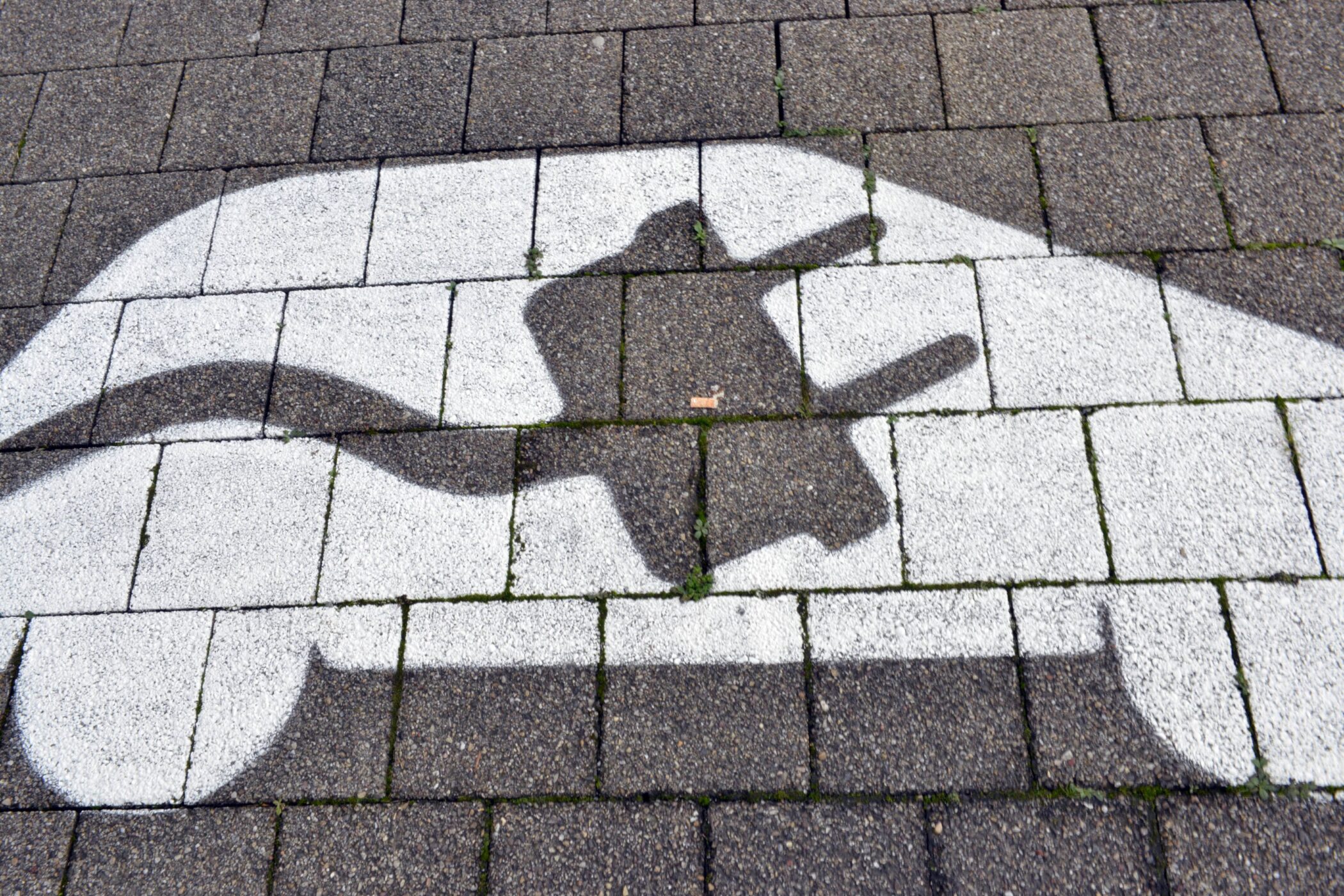 Weiße Markierung eines Autos mit Stecker auf Pflastersteinen.
