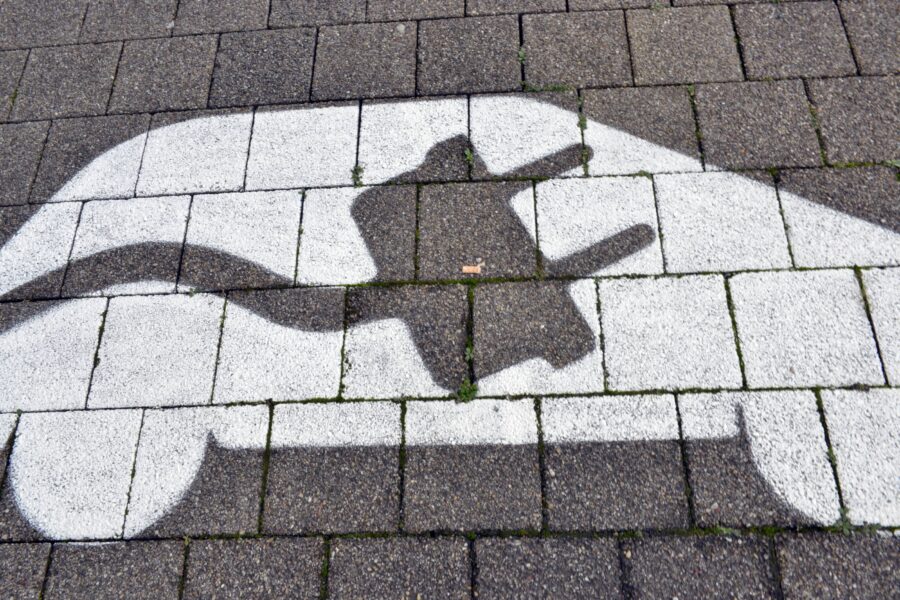 Weiße Markierung eines Autos mit Stecker auf Pflastersteinen.