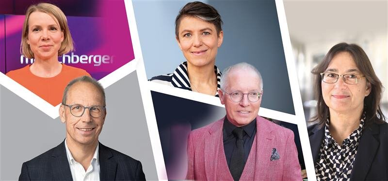 Fünf Personen in Collage, drei Frauen, zwei Männer, formelle Kleidung.