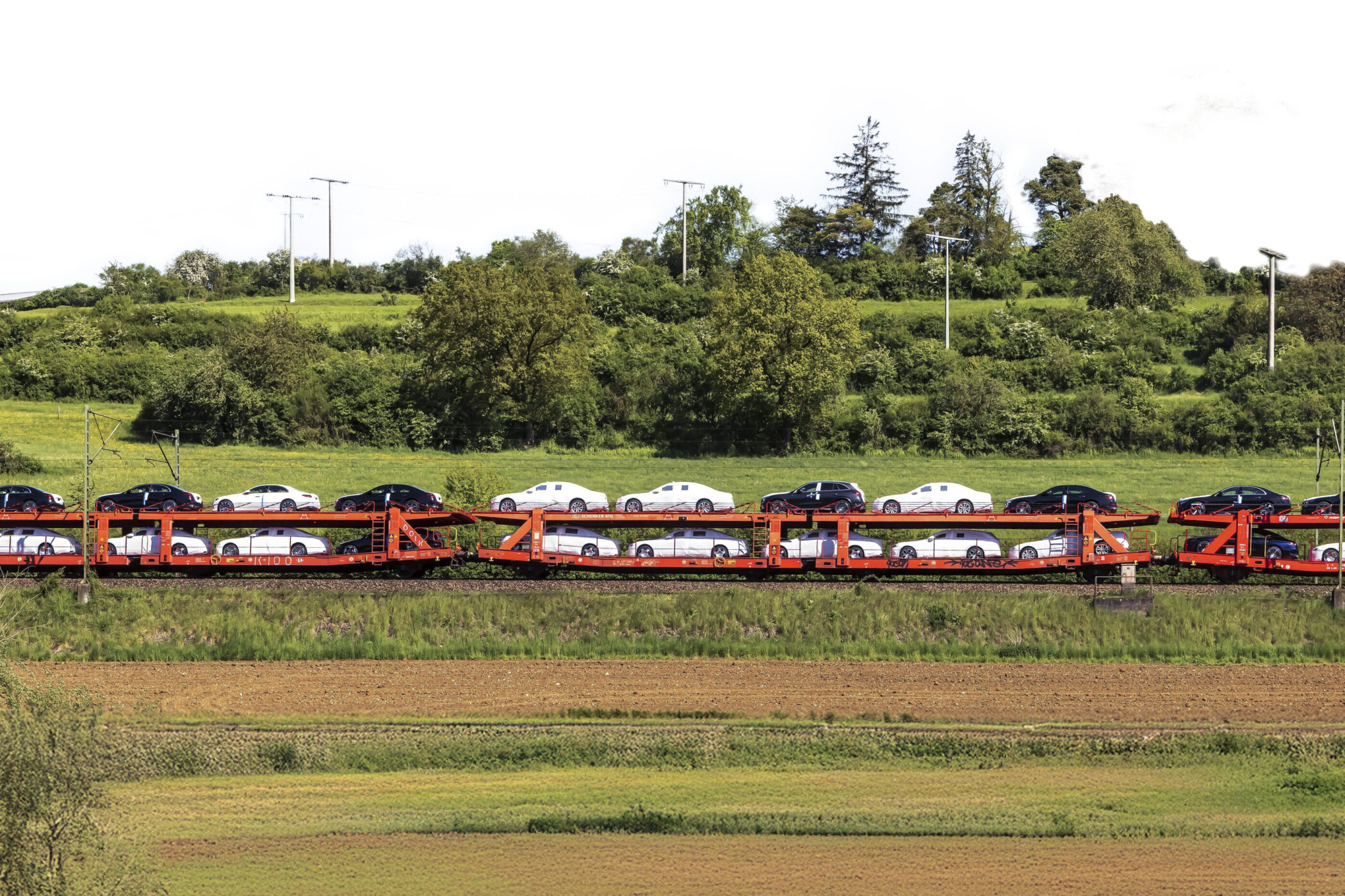 Zug transportiert Autos auf zweistöckigen Waggons durch grüne Landschaft.
