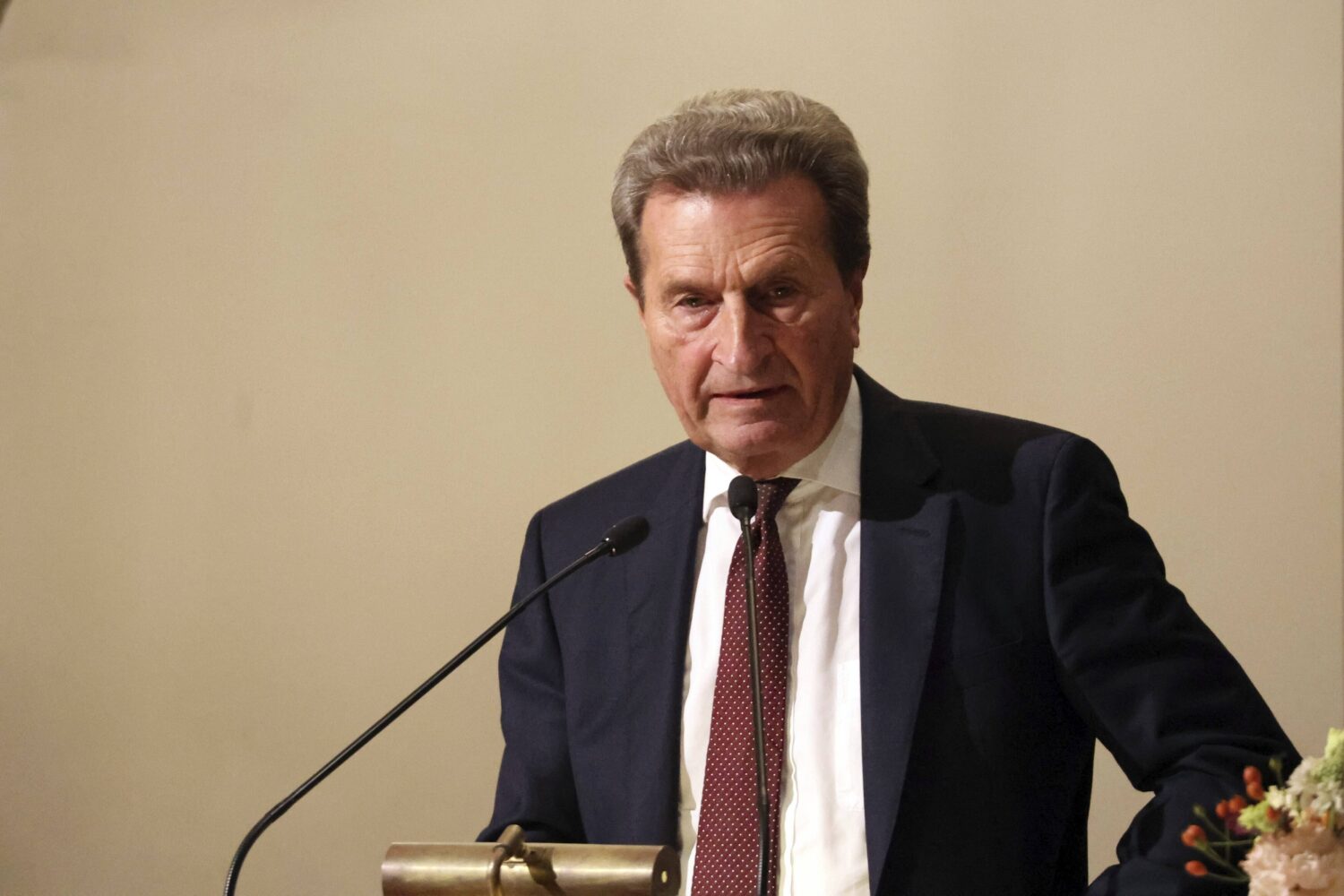 Ein Mann im Anzug spricht in ein Mikrofon.