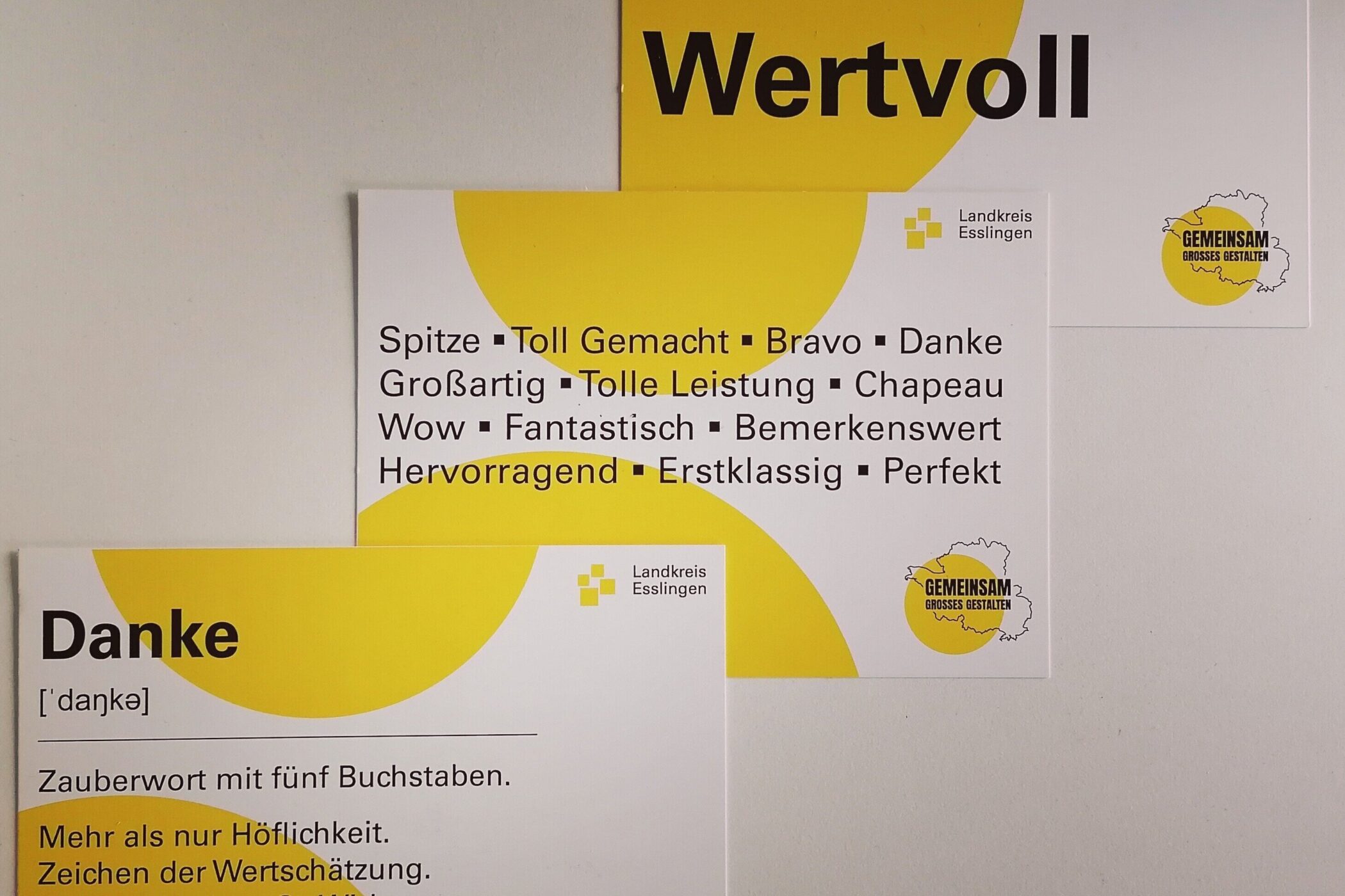 Drei Karten mit positiven Worten und Logos des Landkreises Esslingen.