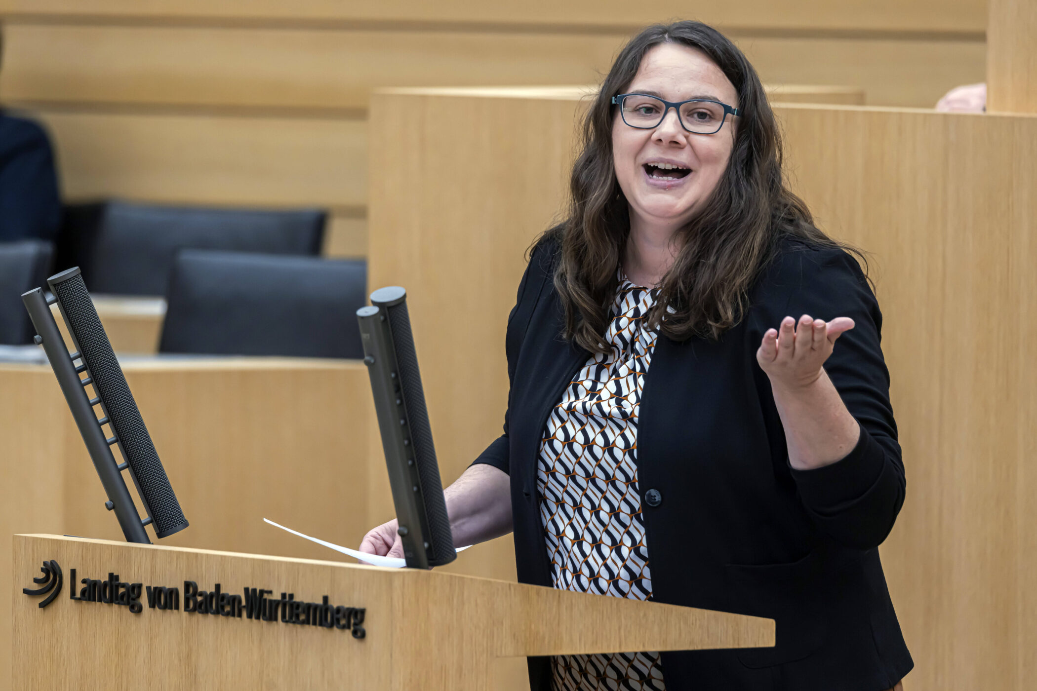 Eine Frau spricht an einem Rednerpult im Landtag von Baden-Württemberg.