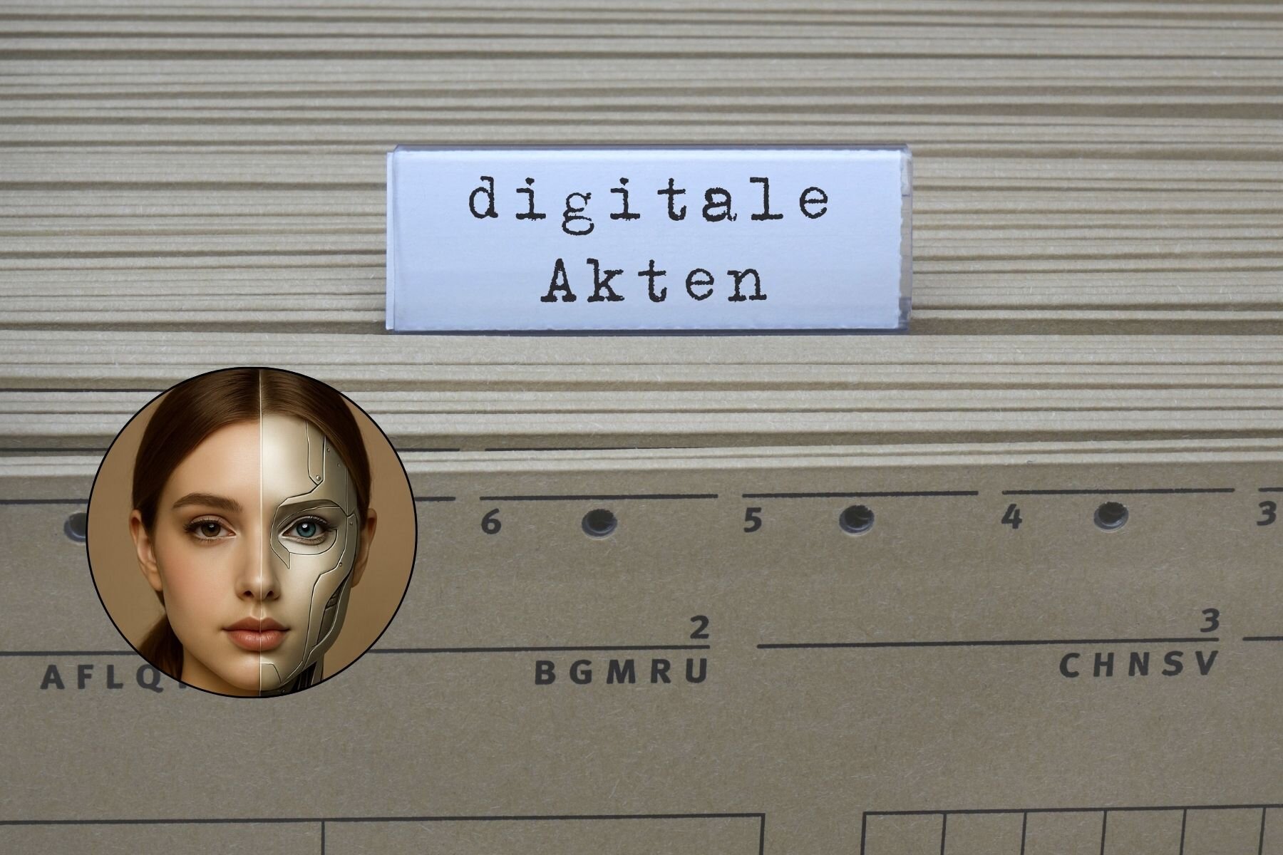 Ordner mit Schild "digitale Akten", darunter Bild von Frau und Roboter.