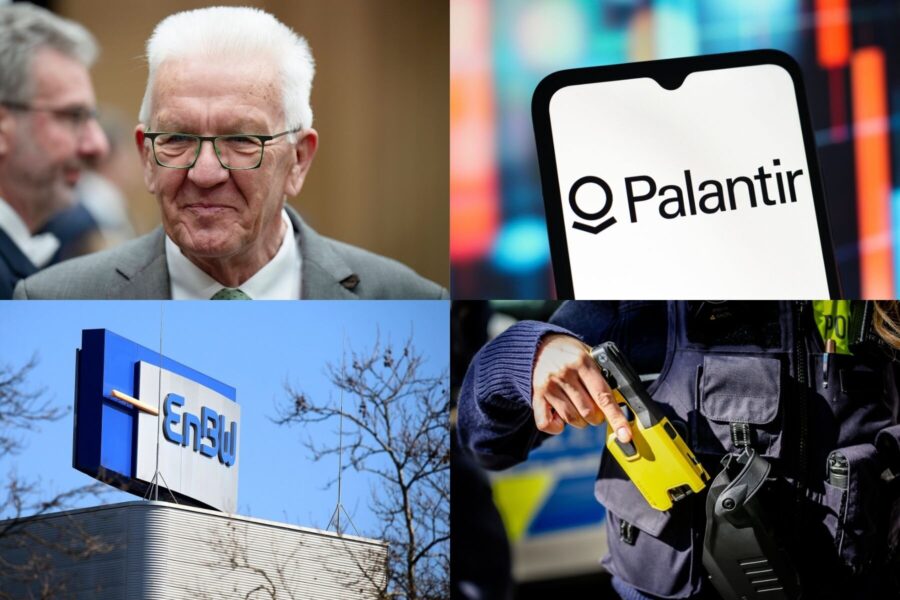 Vier Bilder: Mann mit Brille, Palantir-Logo auf Handy, EnBW-Logo, Person mit Elektroschocker.