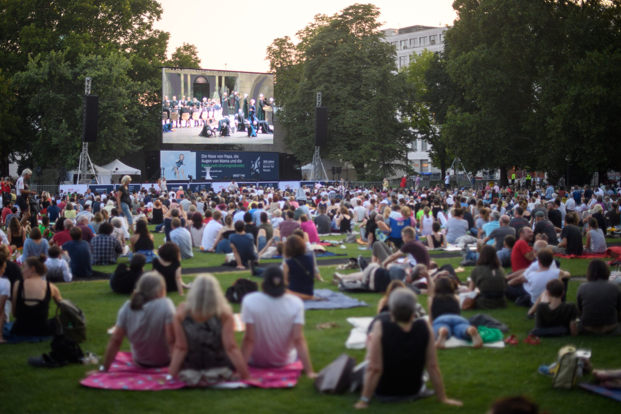 Viele Menschen sitzen auf einer Wiese und schauen auf eine große Leinwand.