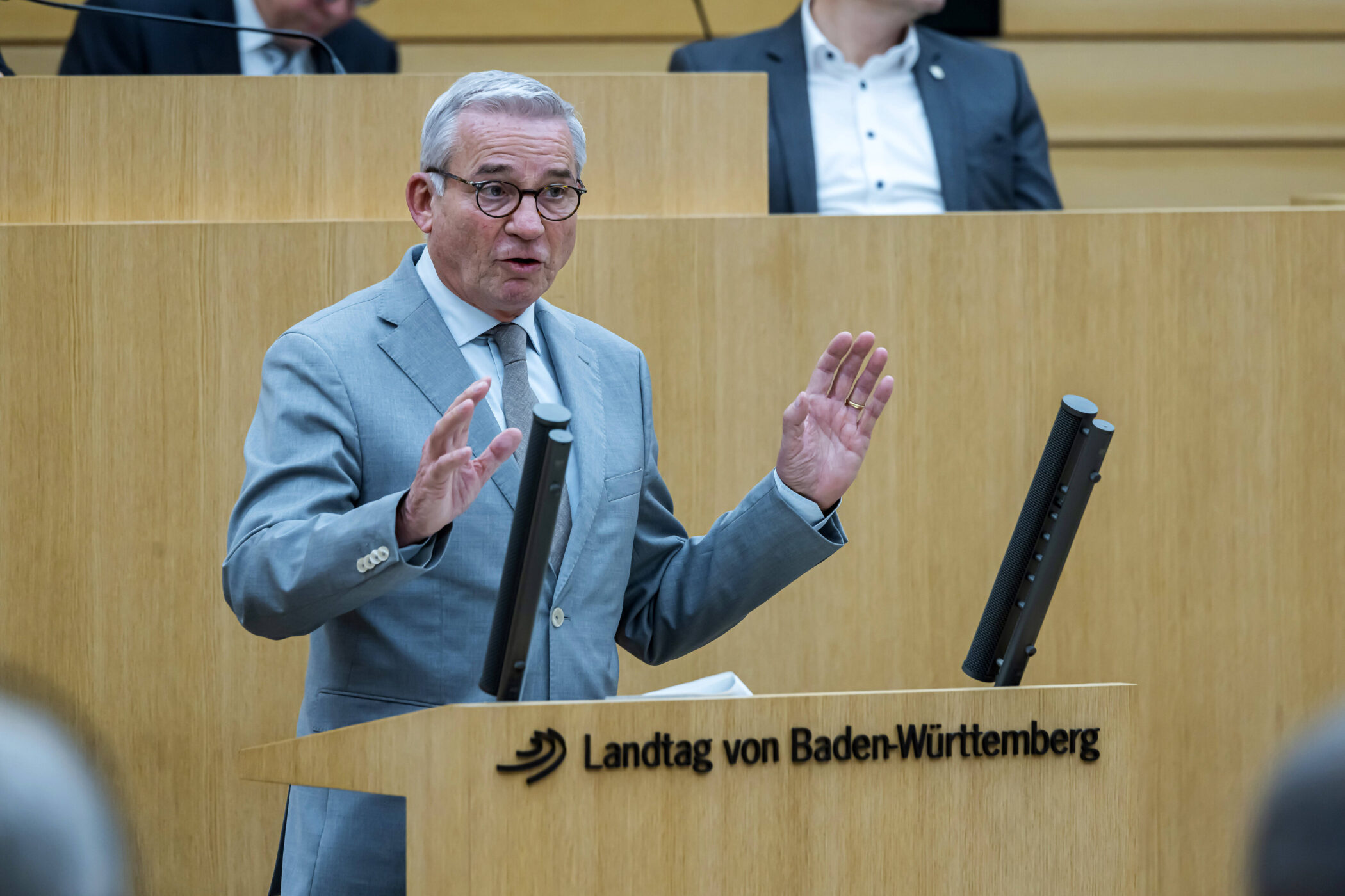 Mann in Anzug spricht am Rednerpult im Landtag von Baden-Württemberg.