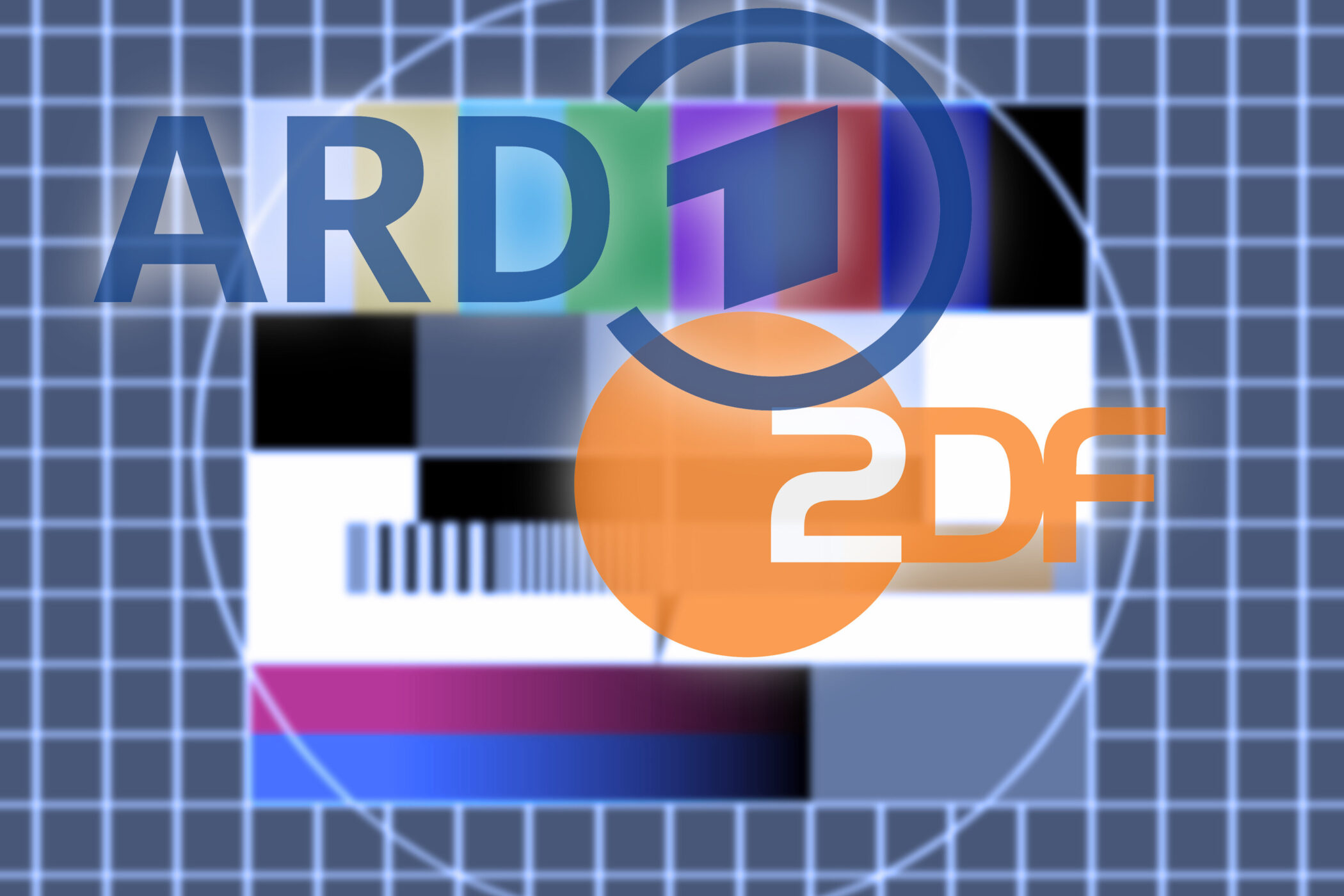 ARD- und ZDF-Logos über einem Testbild mit Gitternetz.