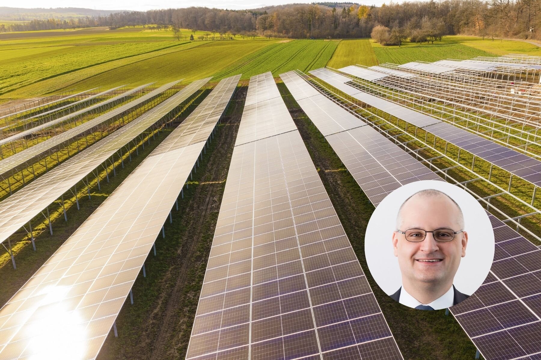 Solarmodule auf einem Feld, Porträt eines lächelnden Mannes im Anzug unten rechts.